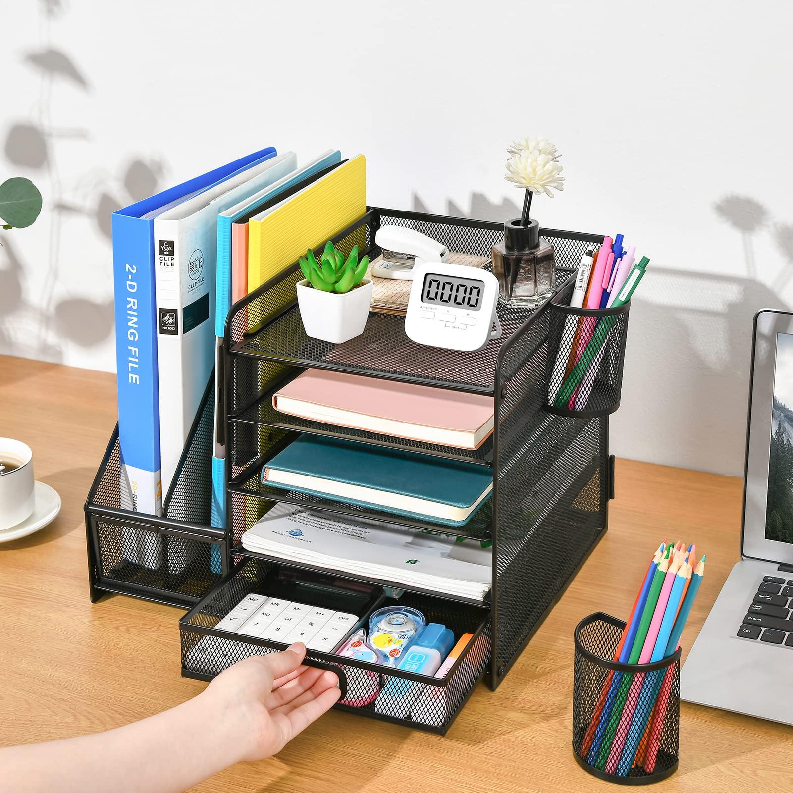 Marbrasse Desk Organizer with File Holder, 5-Tier Paper Letter Tray Organizer with Drawer and 2 Pen Holder, Mesh Desktop Organizer and Storage with Magazine Holder for Office Supplies(Black) - Image 6
