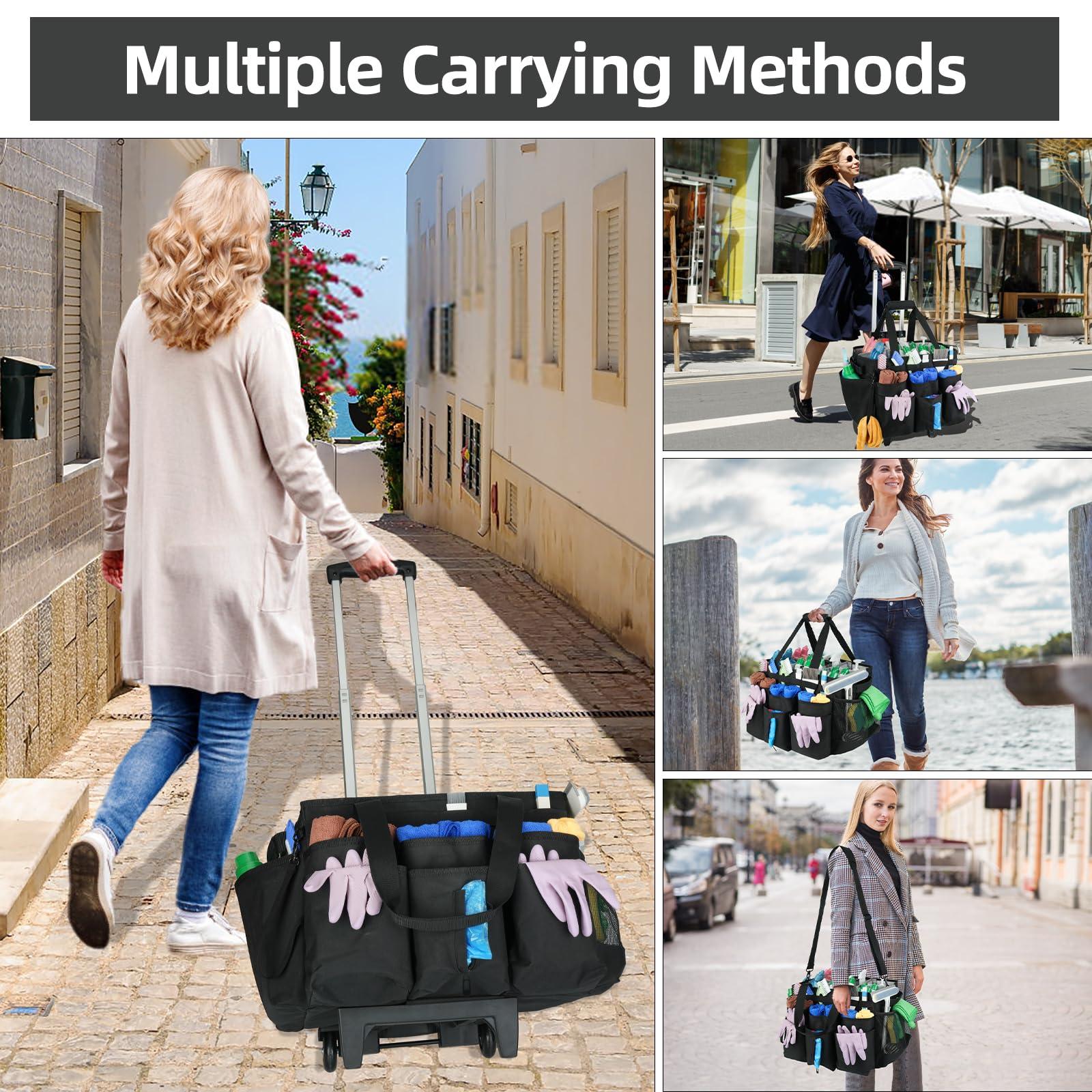 Large Rolling Cleaning Caddy Bag with Detachable Trolley,Cleaning Cart on Wheels with Shoulder Strap,Cleaning Supplies Organizer for Housekeepers,Black - Image 5