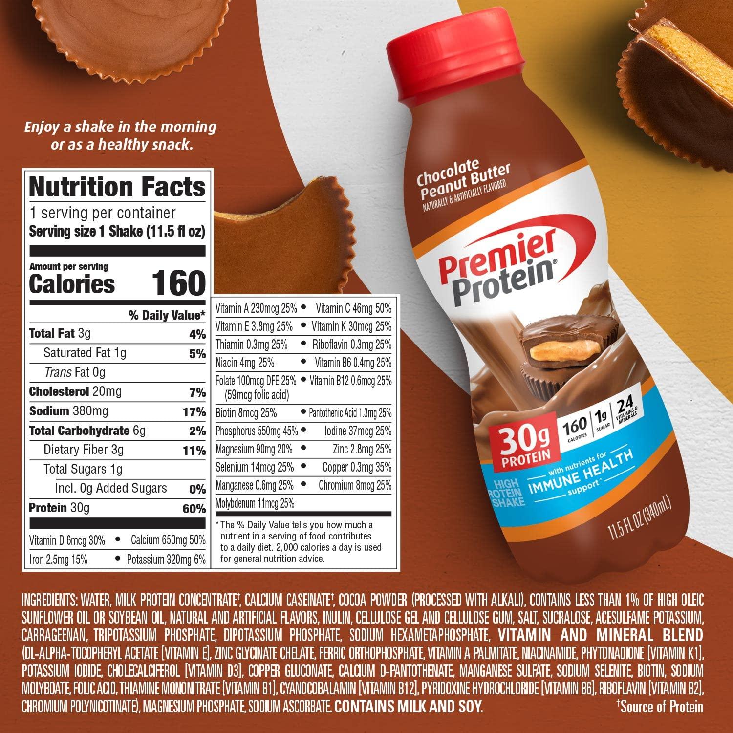 Premier Protein Shake, Chocolate Peanut Butter, 30g Protein, 1g Sugar, 24 Vitamins & Minerals, Nutrients to Support Immune Health, 11.5 Fl Oz, 12 Count - Image 2