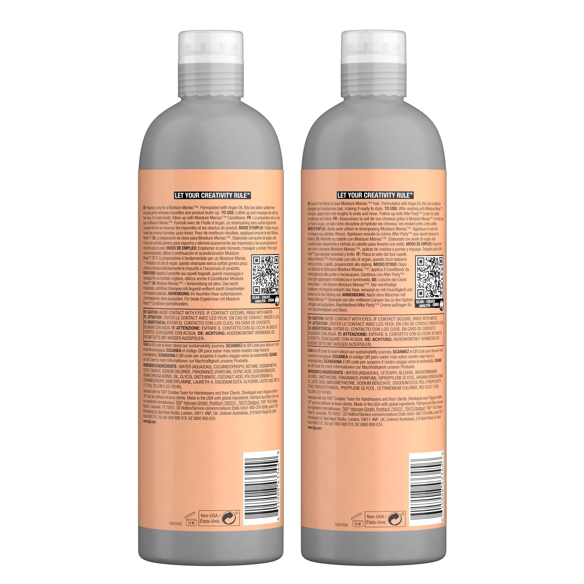 Bed Head by TIGI Sulfate Free Shampoo and Conditioner Set for Dry Hair, Moisture Maniac Hair Care with Argan Oil, 25.36 fl oz, 2 pack - Image 3