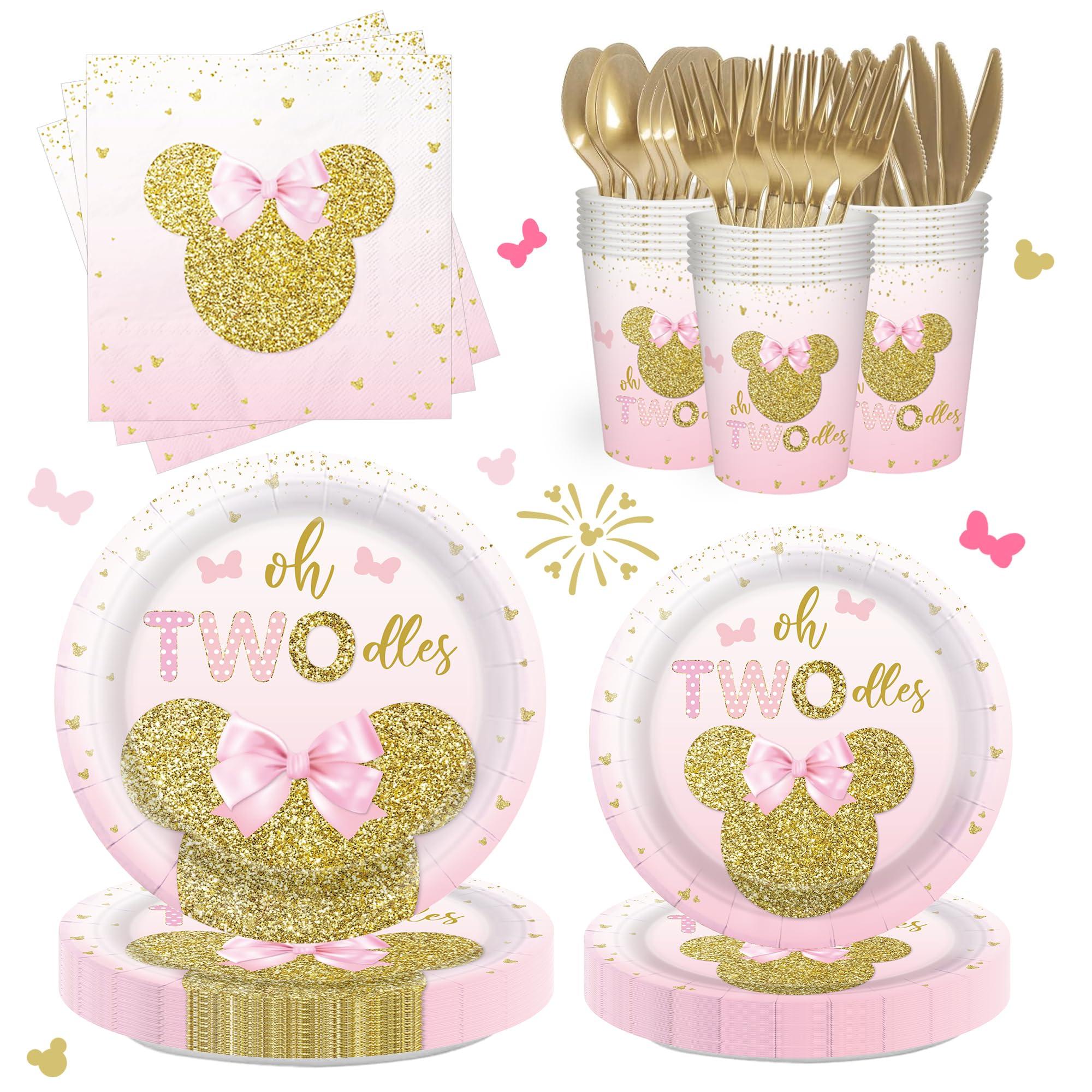 168pcs Oh Twodles Birthday Decorations Girls 2nd Plates Napkins Pink Mouse Party Supplies Two Years Old Paper Tableware Set Disposable Birthday Party Dinnerware Kids Serve 24 Guests