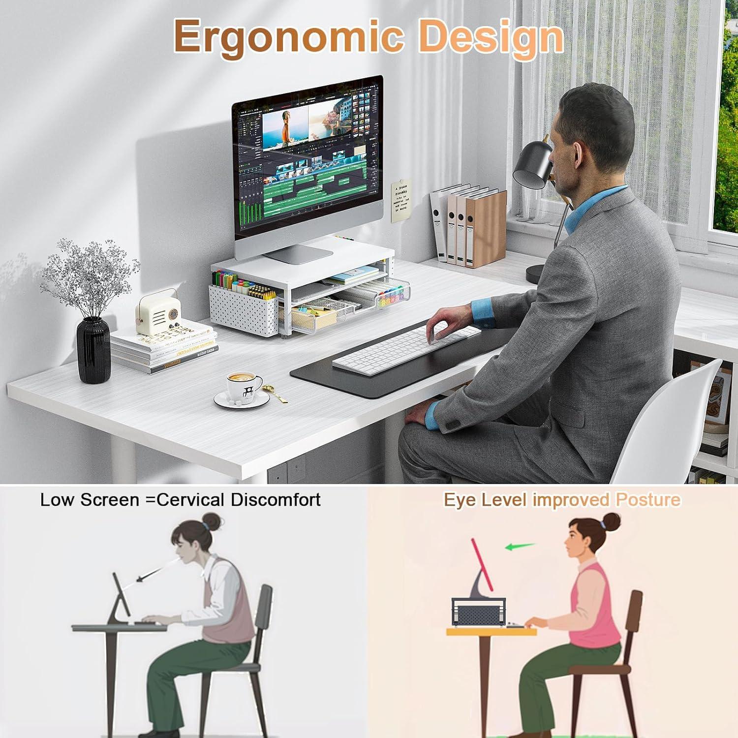 gianotter Monitor Stand Riser, Desk Organizer with Drawer and Pen Holder, 2-Tier Computer Stand, Office Desk Accessories, Office Organization (White Wood + Metal) - Image 4