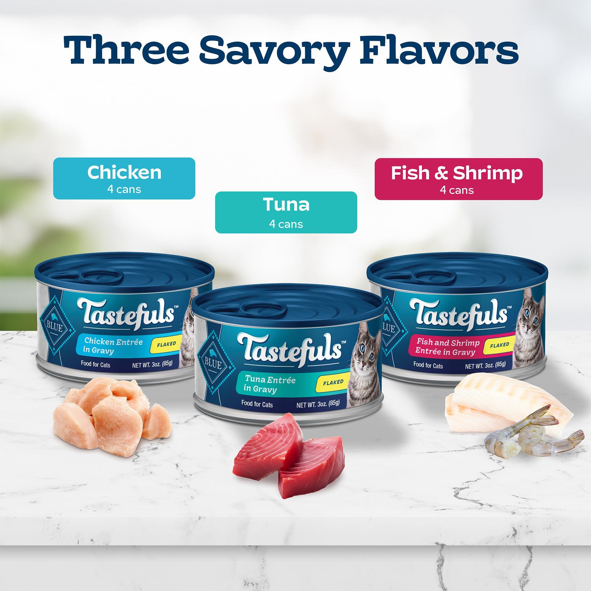 Blue Buffalo Tastefuls Flaked Wet Cat Food Variety Pack, Made with Natural Ingredients, Tuna, Chicken, Fish & Shrimp, 3-oz Cans (12 Count, 4 of Each) - Image 4