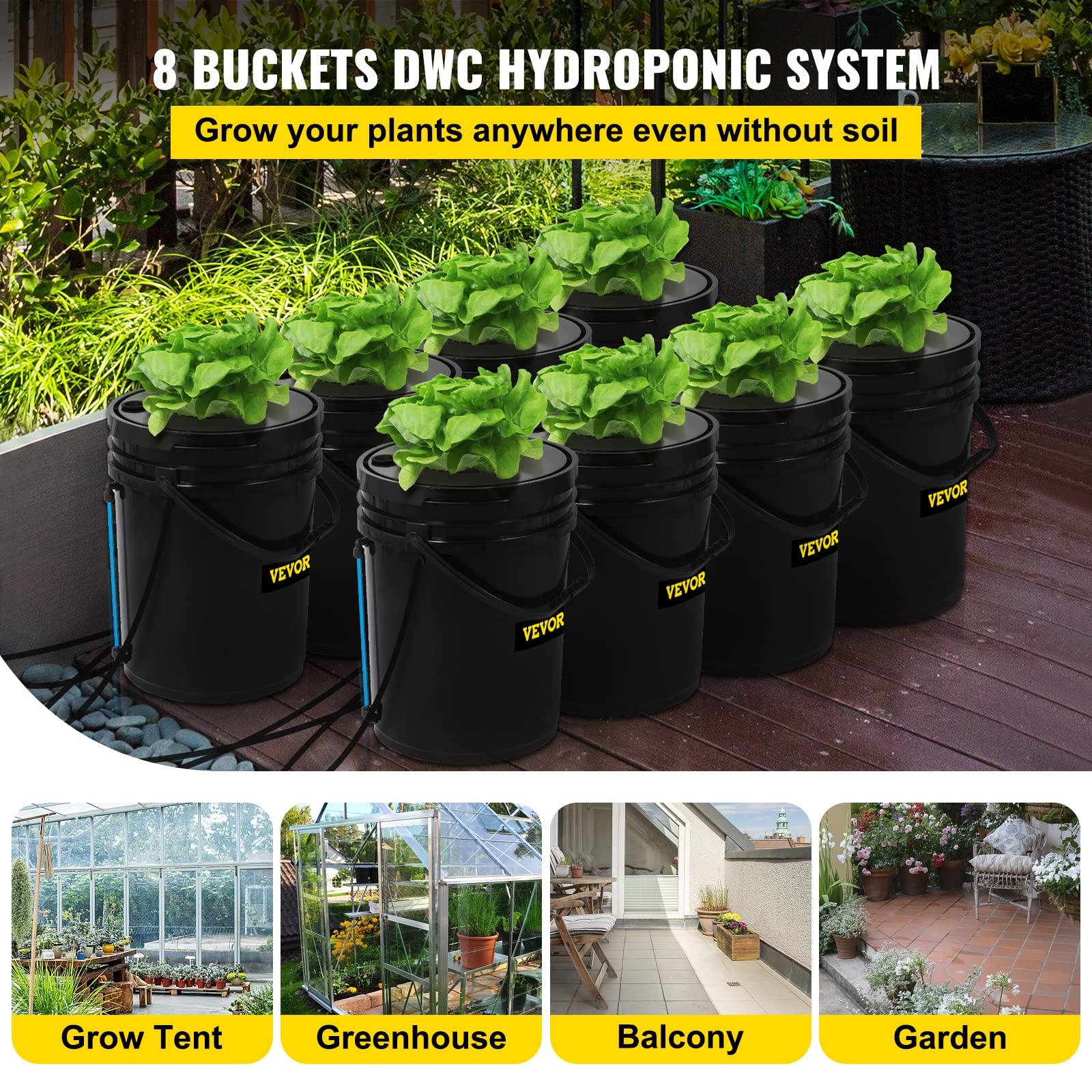 VEVOR DWC Hydroponic System, 5 Gallon 8 Buckets, Deep Water Culture Growing Bucket, Hydroponics Grow Kit with Pump, Air Stone and Water Level Device, for Indoor/Outdoor Leafy Vegetables - Image 3