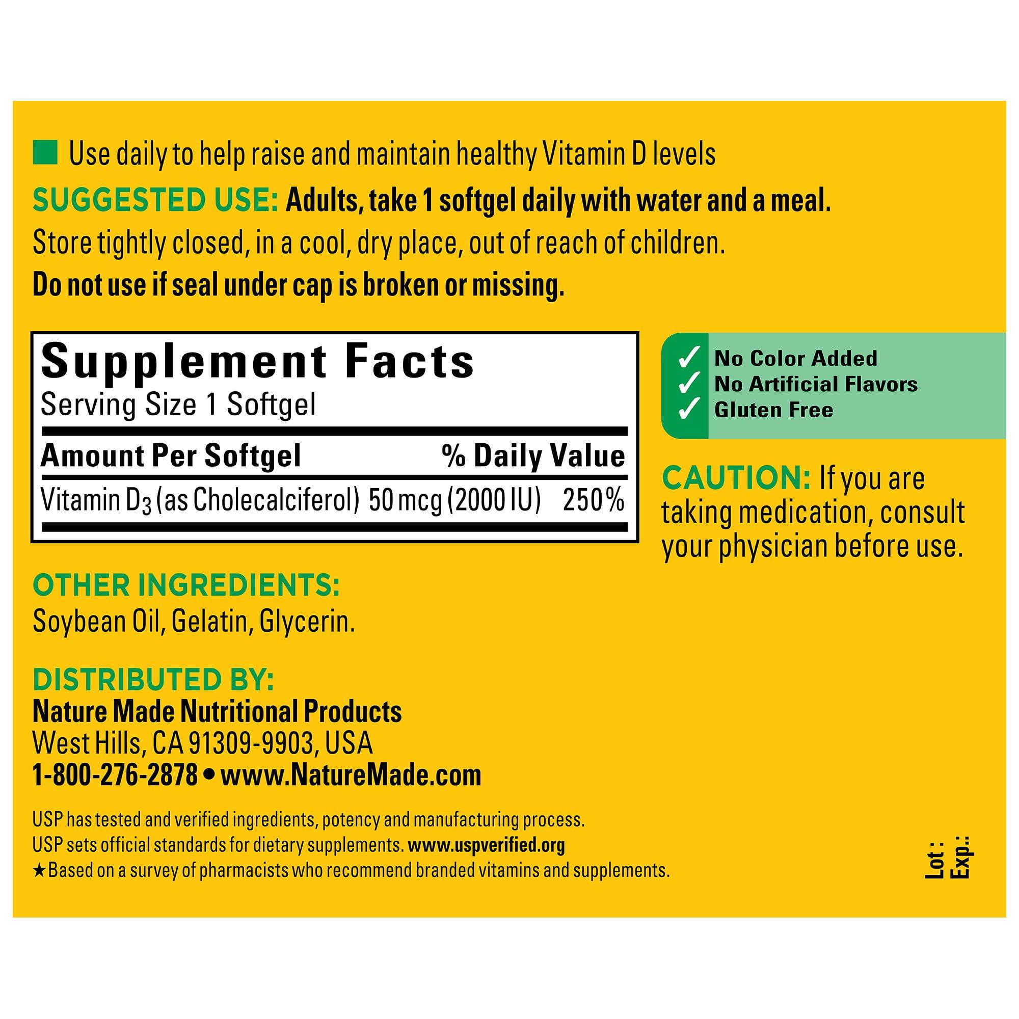 Nature Made Vitamin D3 2000 IU (50 mcg), Dietary Supplement for Bone, Teeth, Muscle and Immune Health Support, 250 Softgels, 250 Day Supply - Image 5