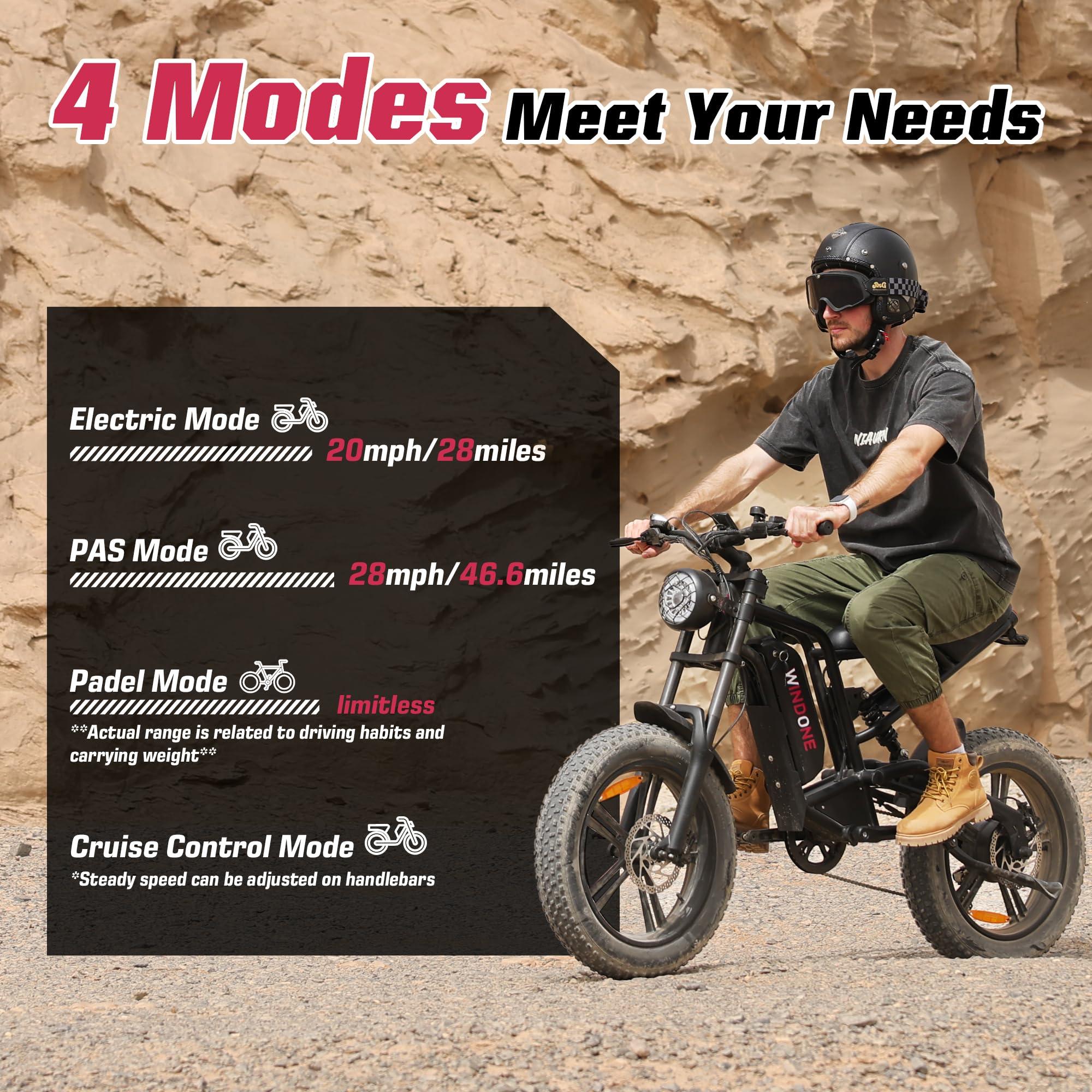 Windone E2/K20 Electric Bike for Adults, 48V 13Ah/15Ah Battery, Up to 28 MPH & 46.6/60 Miles (PAS), 750/1000W Peak Ebike with All-Terrain 20"/26'' Fat Tires, UL Certified, Moped E-Bike - Image 5