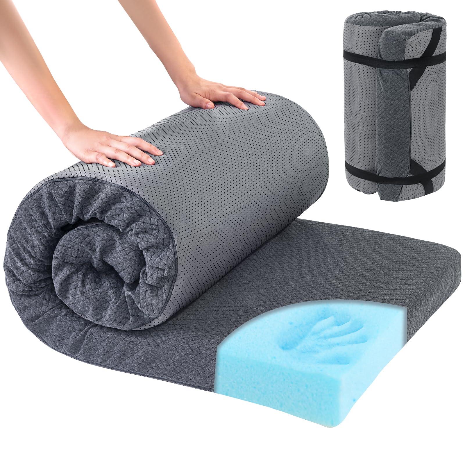 HOMBYS Memory Foam Camping Mattress Pad,Portable Sleeping Pad for Adult,Waterproof Cot Mattress,Roll Up Floor Mattress,Foldable Backpacking Travel Bed for Hiking,Guest Bed