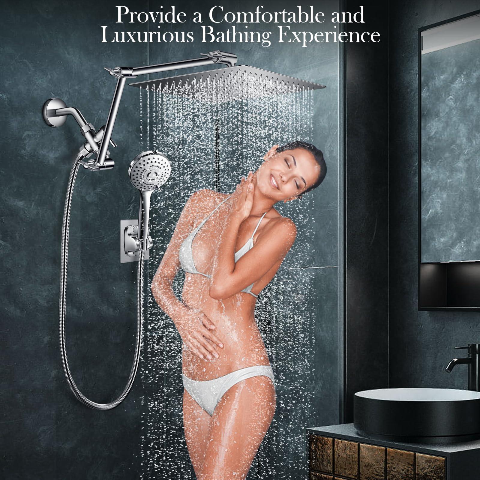 12'' Rain Shower Head Combo, High Pressure Rainfall Shower Head with 16'' Flexible Adjustment of Height/Angle Upgraded Extension Arm and 5 Setting Spray Handheld Shower Head, Anti-leak (Chrome) - Image 7