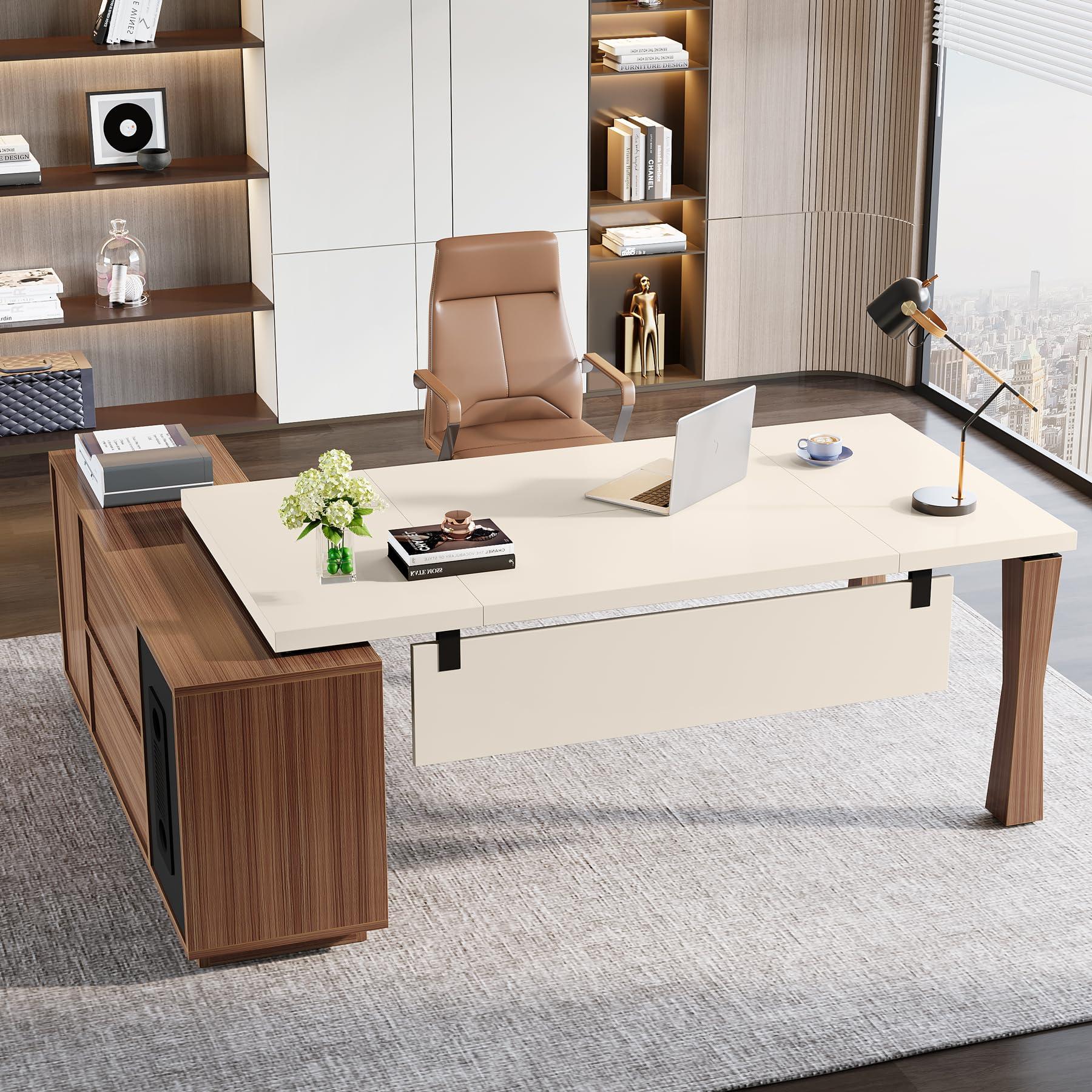 Tribesigns 78.7-Inch Executive Desk, L-Shaped Desk with Cabinet, Large Office Desk with Storage Shelves, Writing Table Business Furniture Set for Home Office, Cream White Walnut - Image 8