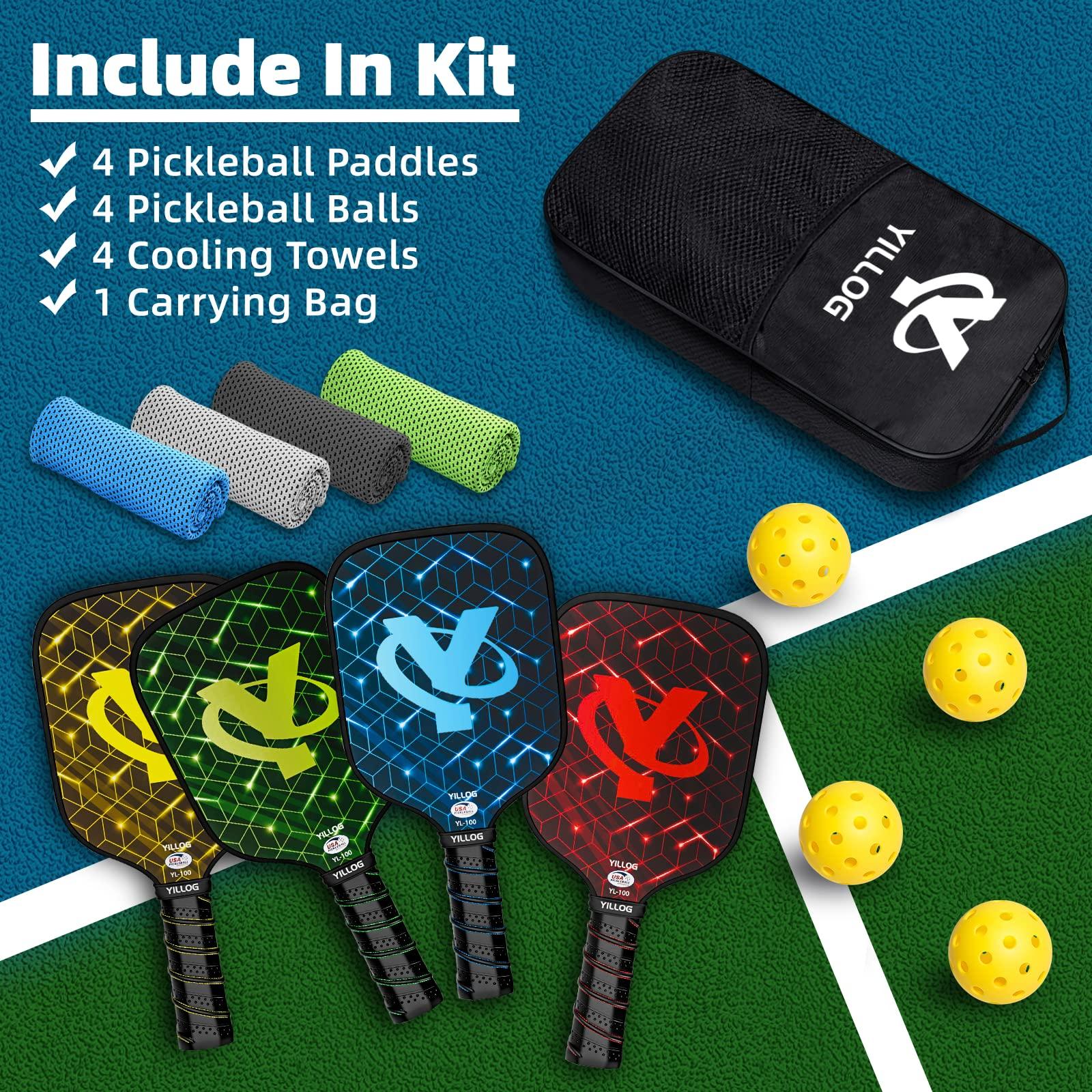 YILLOG Pickleball Paddles,USAPA Approved Pickleball Paddle Set 4,Fiberglass Surface Pickleball Set,4 Pickleball Balls,4 Cooling Towels,Bag,Pickle Ball Paddle Men Women Red/Blue/Green/Yellow - Image 7