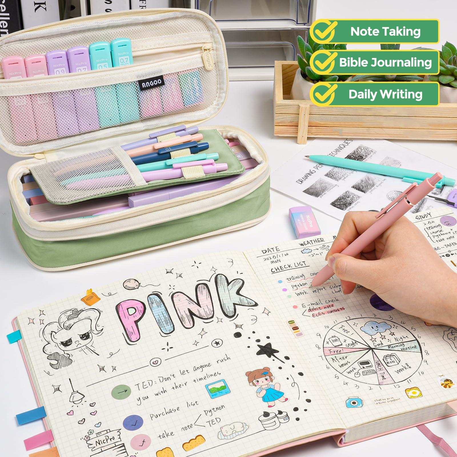 Nicpro 39 PCS Aesthetic School Supplies with Big Capacity Pen Case, 12 Color Pastel Highlighters, 5 Quick Dry Retractable Black Ink Pens, 6 Pastel Mechanical Pencil 0.5 & 0.7 mm for Student Stationary - Image 7