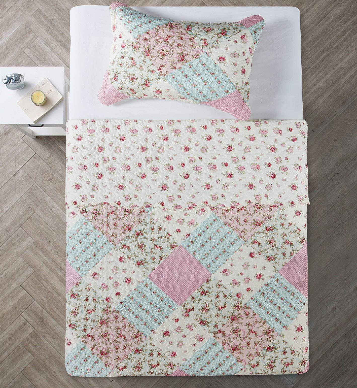 Brilliant Sunshine Roses Quilt Set, 2-Piece Bedding Sets with 1 Sham, Patchwork Design, Washable and Reversible Bedspread, Soft Lightweight Coverlet, All-Season, Twin/Twin XL, Pink Green - Image 7