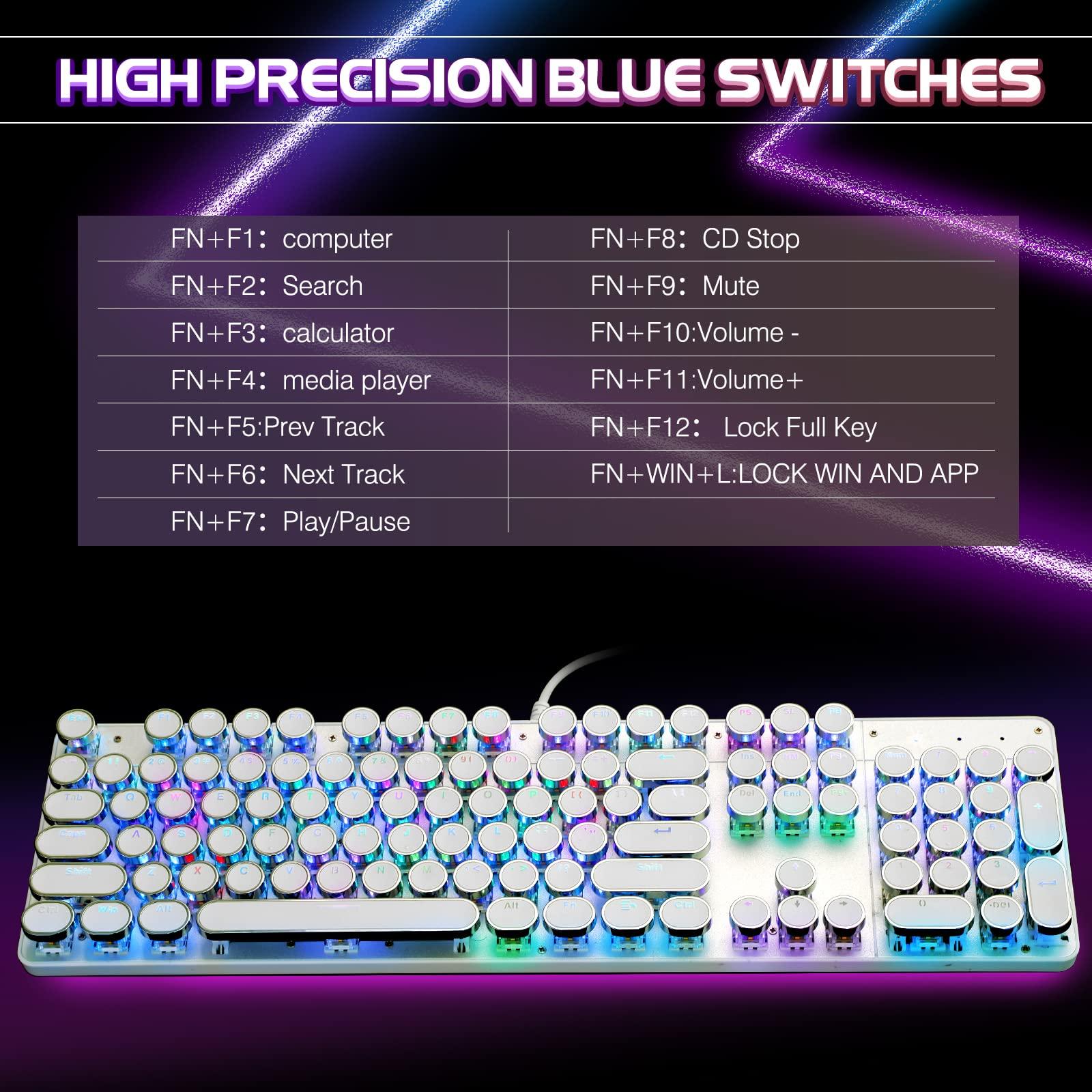 YSCP Typewriter Style Mechanical Gaming Keyboard RGB Backlit Wired with Blue Switch Retro Round Keycap 104 Keys Keyboard (White 104 Keys RGB) - Image 5