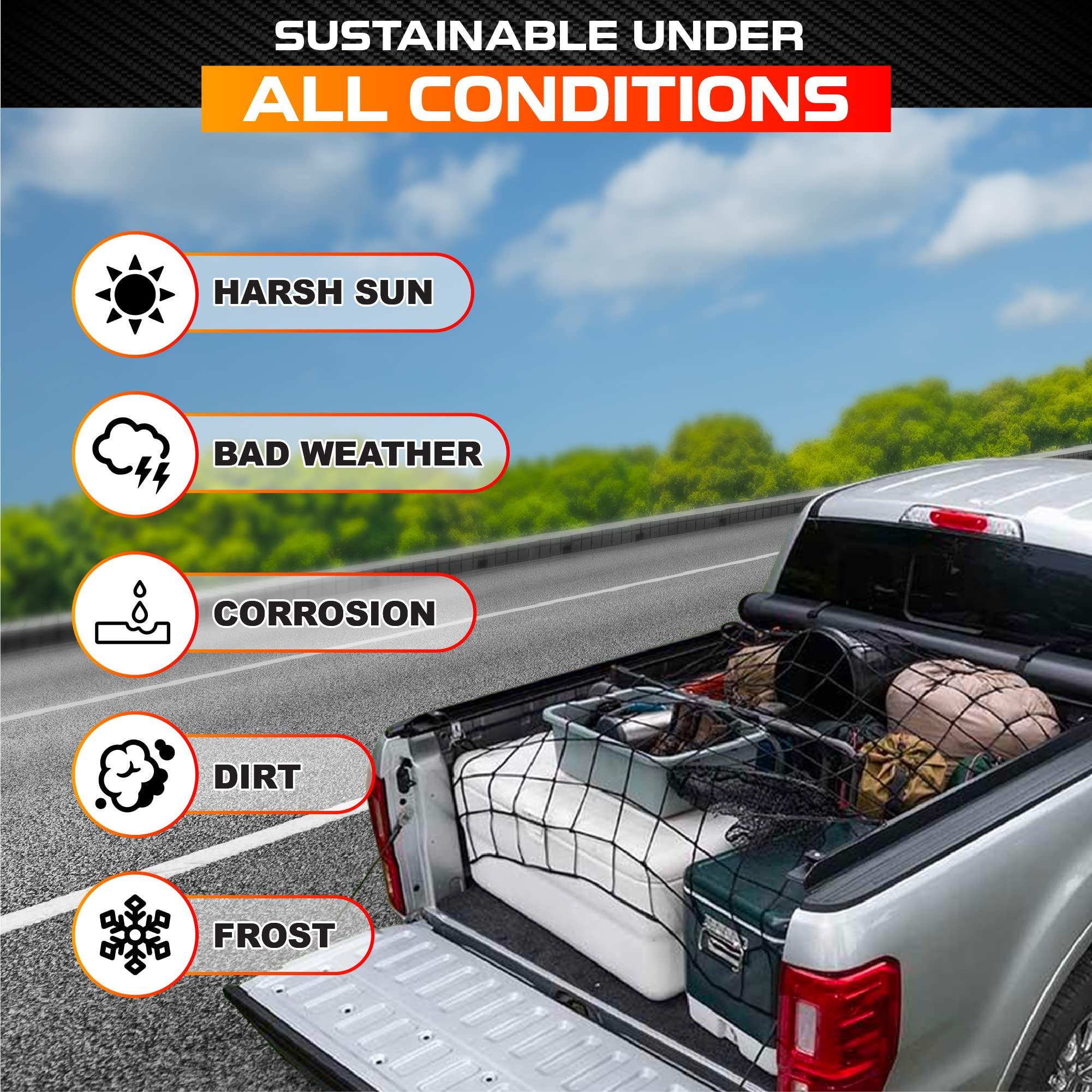 [Premium] 5'x7' Heavy Duty Cargo Net Stretches to 10' x 14', Extra Thick 10mm Cord Bungee Cargo Netting for Pickup Truck Bed, Roof Rack Net & 12 PCS Steel Carabiners - Image 5
