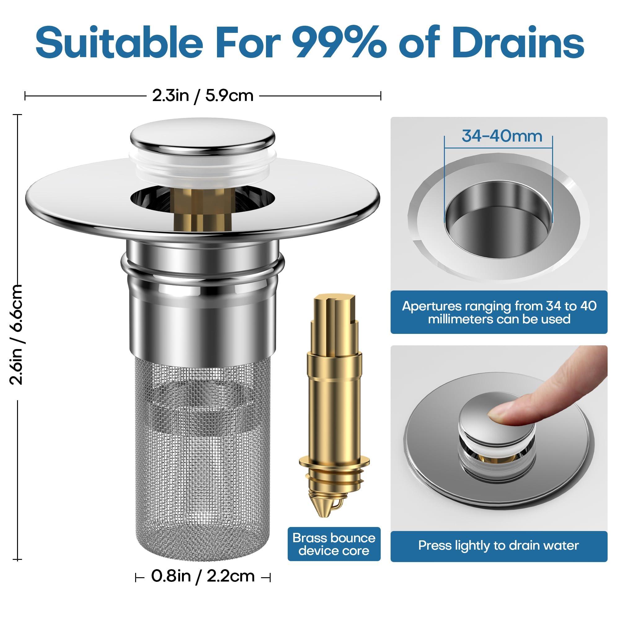 2Pcs Bathroom Sink Drain Strainer, Pop Up Sink Drain Strainer Stopper with Stainless Steel Filter Basket Hair Catcher, for Bathroom and Kitchen Basins, Sink Drain Strainer for 1.1-1.45 Inch - Image 2