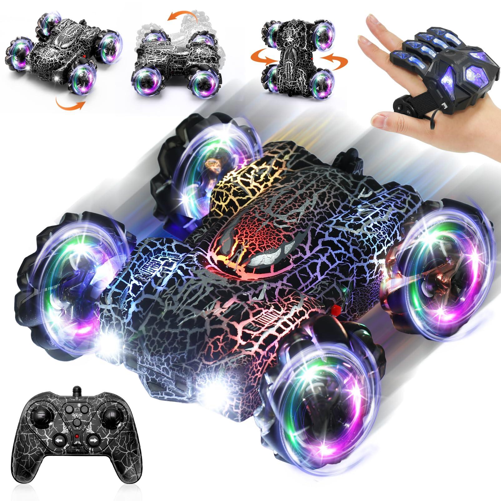 Hand Controlled Remote Control Car, 2.4Ghz Gesture Sensing RC Stunt Car with Wholebody Light & Headlight, Rechargeable 360° Rotating Double Sided RC Cars Black Spider Toys for Boys 4-6 5-7 8-12