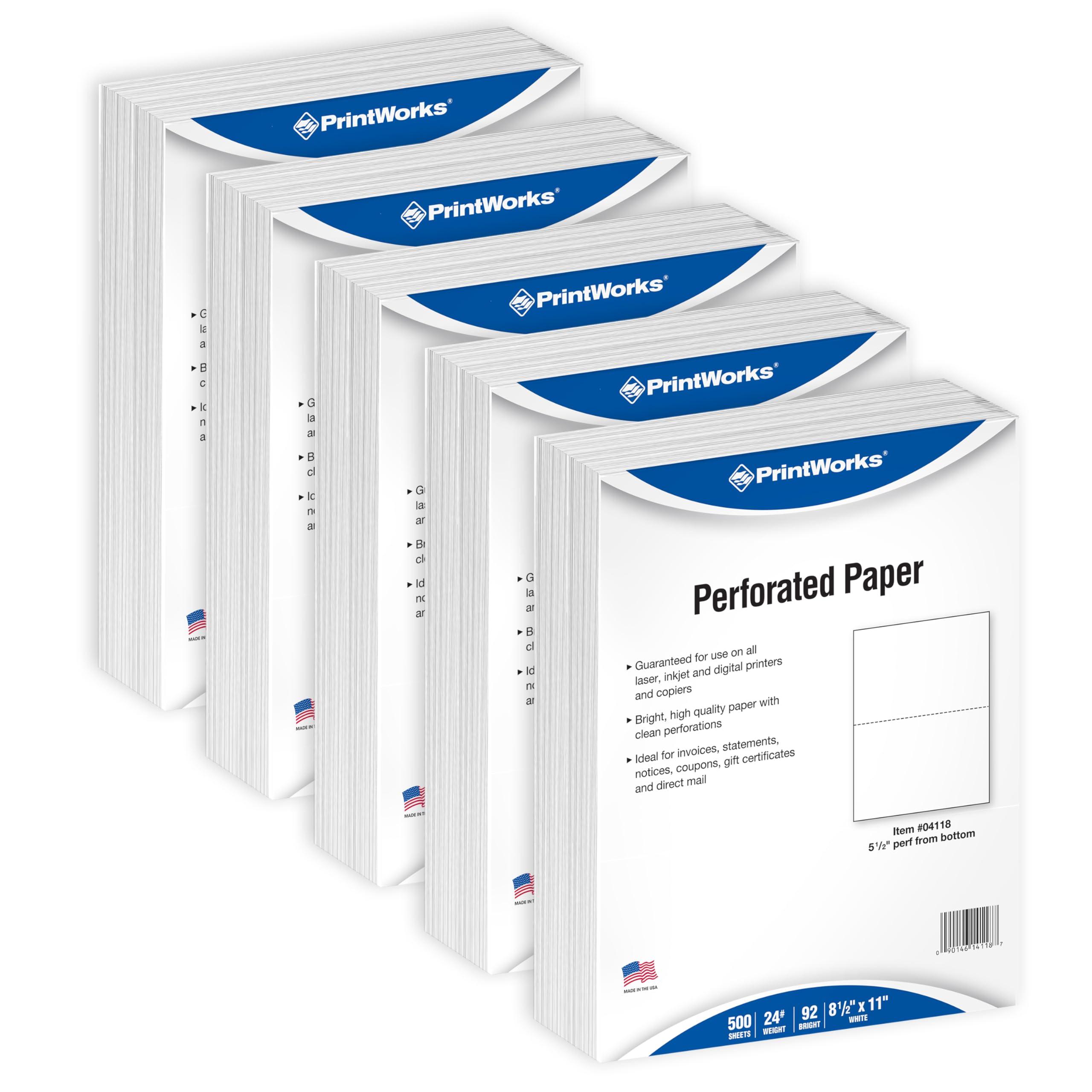 PrintWorks Professional Half Sheet Perforated Paper 8.5” x 11” - Perfect For W-2, 1099, & Statement Use - Made in the USA - 2500 Sheets - 20 lb - A5 Paper - Printer Compatible - White (04116C)