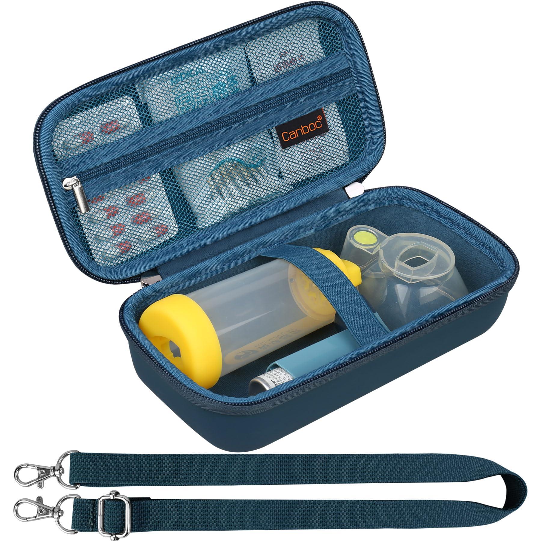 Canboc Carrying Case for Asthma Inhaler, Handheld Spacer for Adults and Kids, Mask, Inhaler Spacer Bag with Removable Shoulder Strap, Mesh Pocket fit Medicine or Essentials, Blue (Case Only)