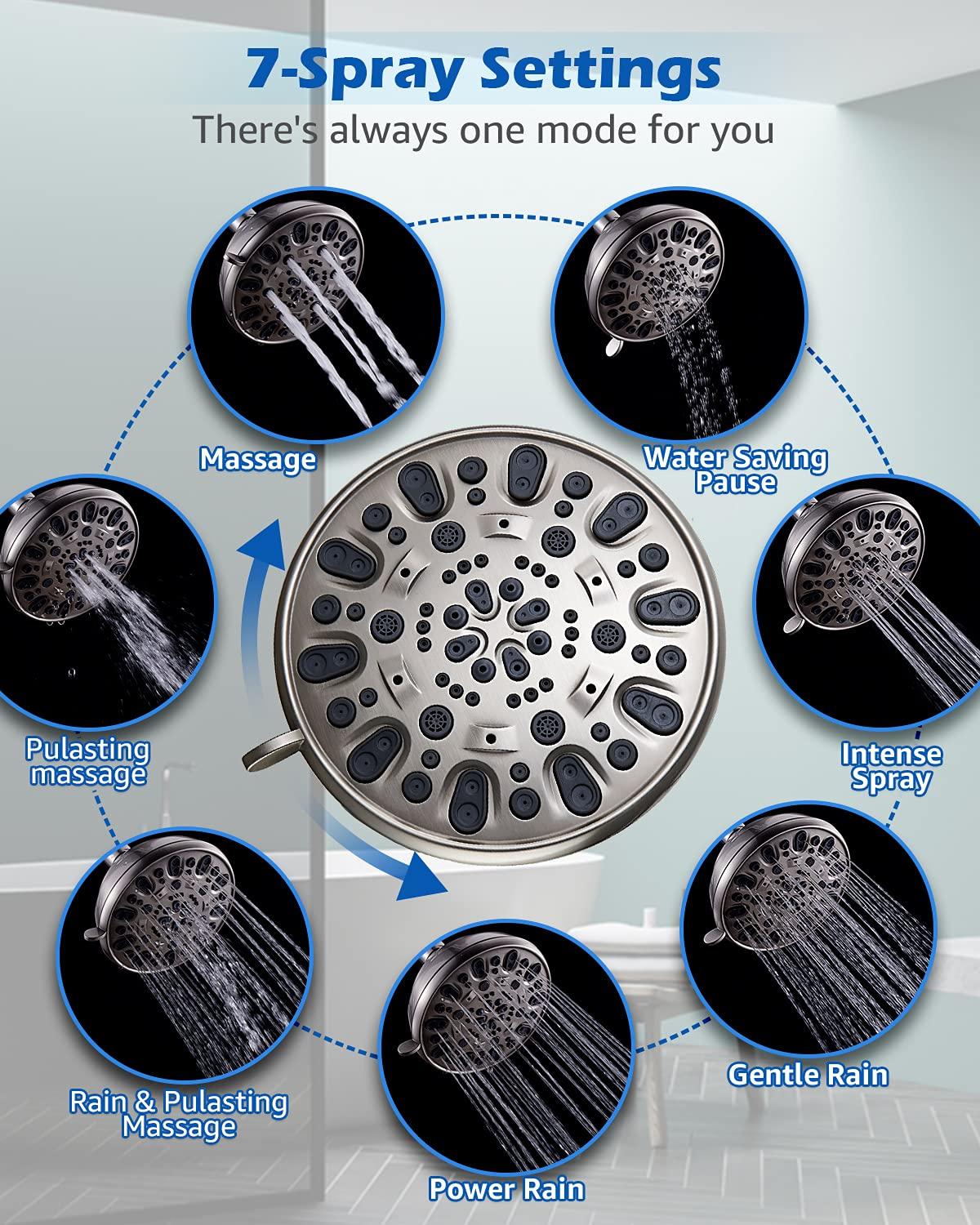 High Pressure Shower Head VMASSTONE 4.7" Rain Fixed Showerhead 7-Spray Setting with Adjustable Brass Swivel Ball Joint - Excellent Replacement for Your Bath Shower Head (FM-001 Brushed Nickel) - Image 2