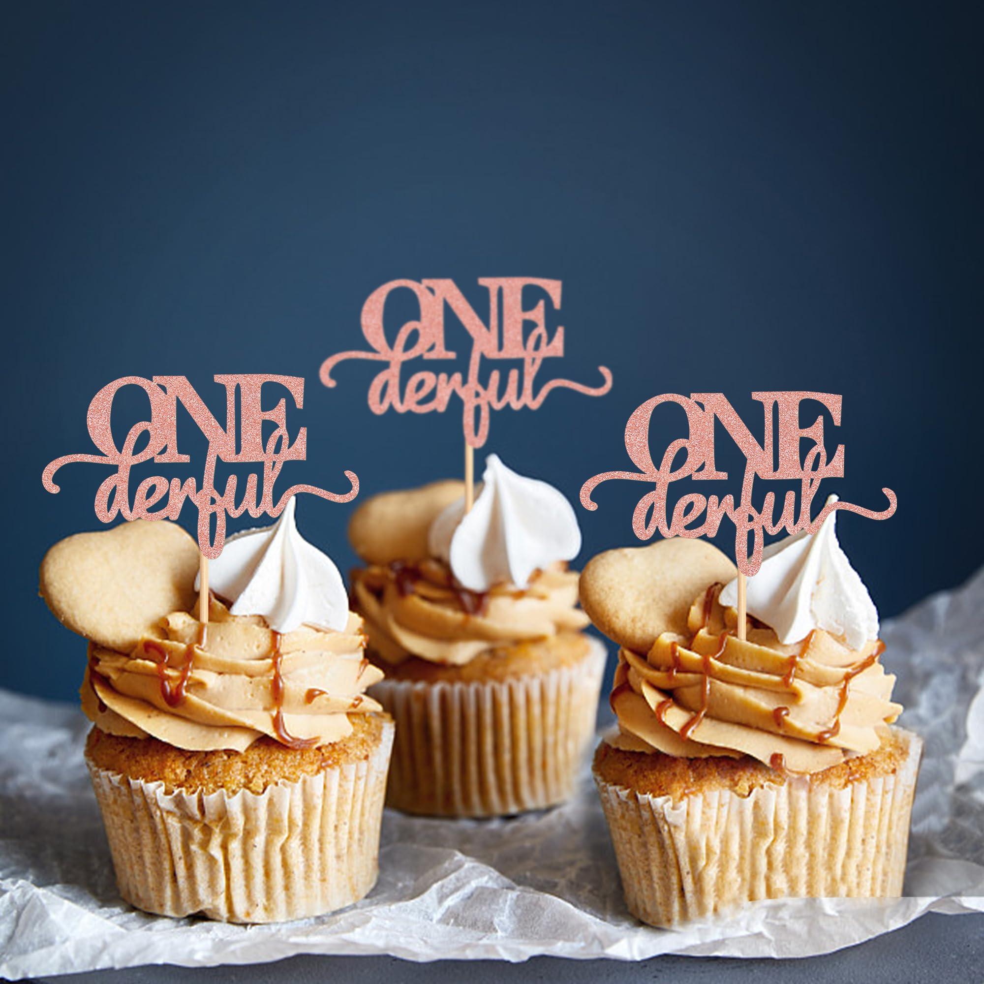 Ercadio 24 Pack Onederful Cupcake Toppers Rose Gold Glitter Onederful Cupcake Picks Onederful Cupcake Decorations for Baby Shower Kids first Birthday Theme Party Cake Decoration Supplies - Image 6