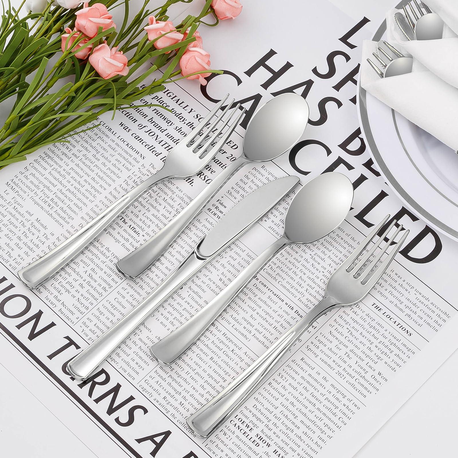 Goodluck 50 Pack Pre Rolled Silver Plastic Silverware, Wrapped Plastic Cutlery Set with Napkin Include 50 Forks, 50 Knives, 50 Spoons and 50 Napkins, Fancy Disposable Silverware for Party, Wedding - Image 5