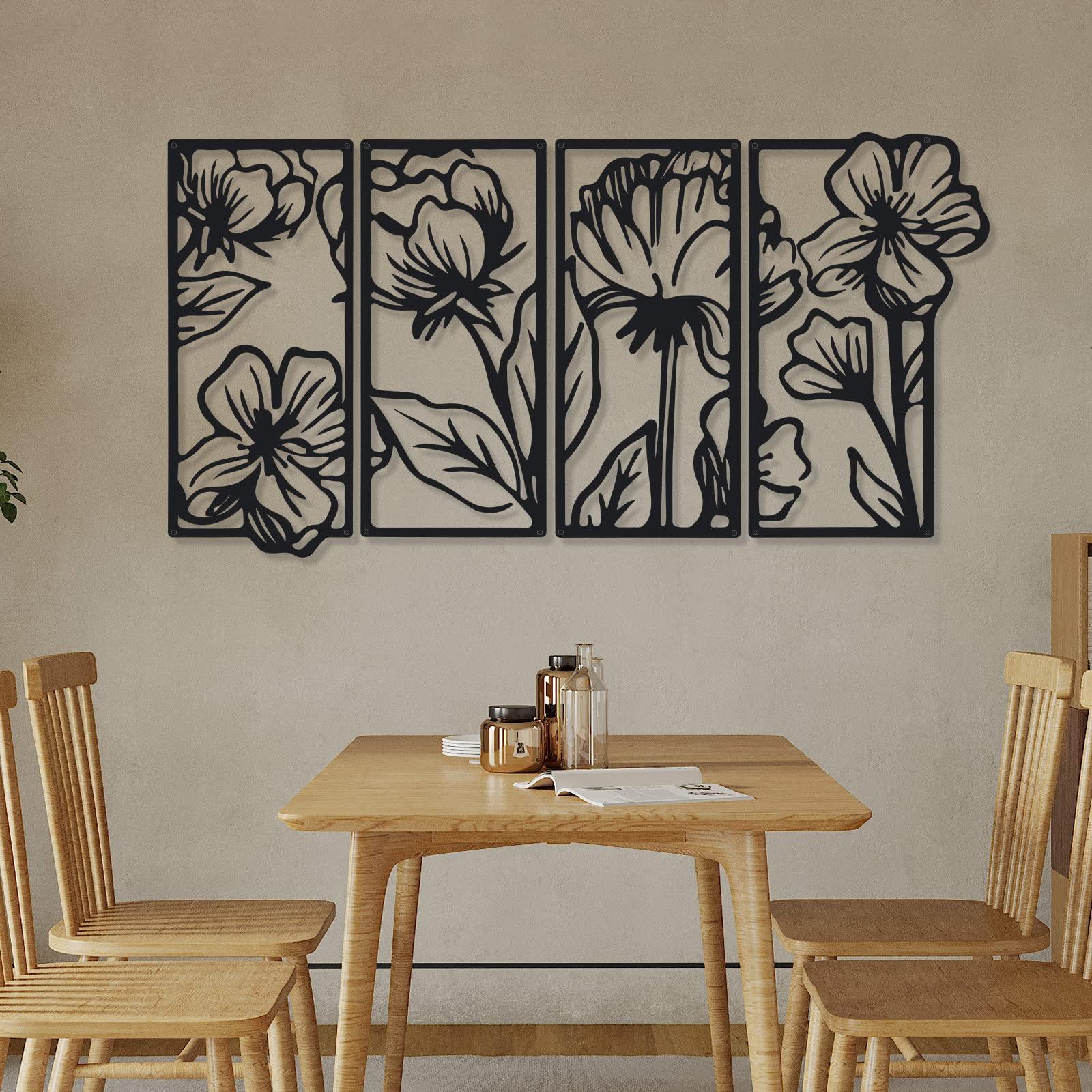 Cunno 4 Pcs Black Wall Decor Metal Floral Minimalist Line Art Wall Living Room Bedroom Flower Aesthetic Modern Sculpture Poppy Theme Hanging Home Kitchen Bathroom Decorations - Image 5