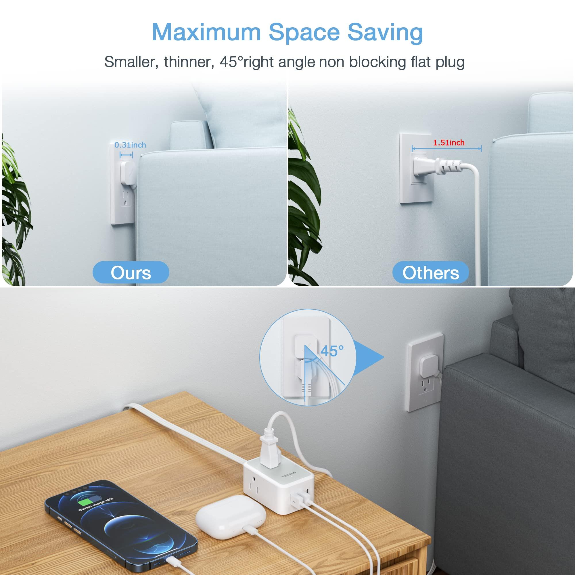 Small Flat Plug Power Strip, TESSAN Ultra Thin Extension Cord with 3 USB Wall Charger (1 USB C), 3 Outlets Mini Charging Station, 5 ft Slim Plug for Cruise Travel Office School Dorm Room Essentials - Image 2