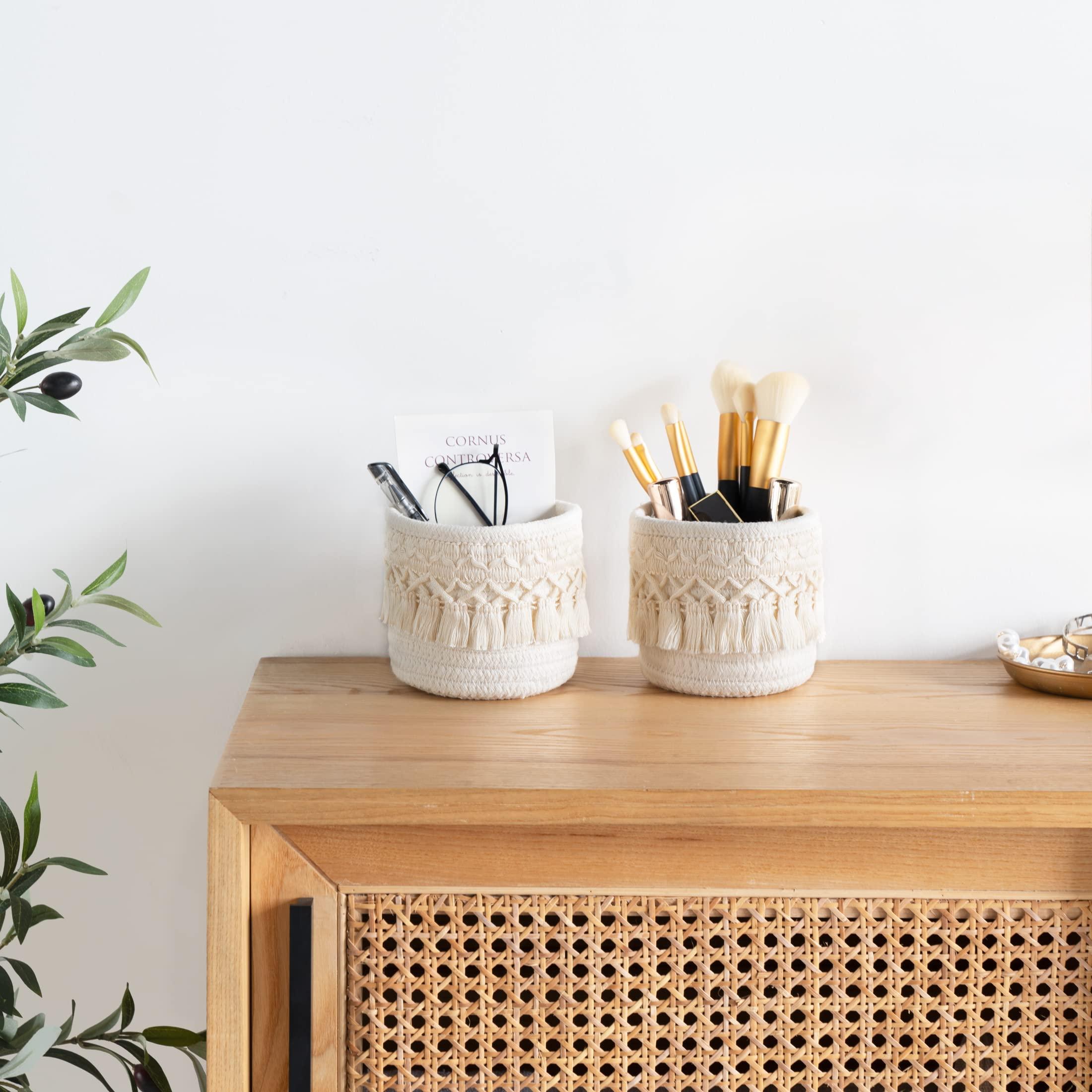 Mkono Macrame Makeup Brush Holder Organizer Comb Brushes Mini Storage Basket Set of 2 Boho Decor Baskets for Pen Pencil Box Container ,Ivory - Image 4
