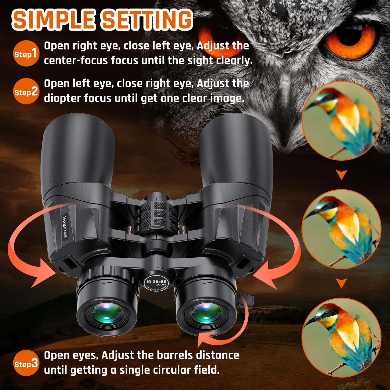 10-30x50 Zoom Binoculars for Adults, High Powered Military Binoculars for Bird Watching Traveling Hunting Concerts with Large View,BAK4,FMC Lens,Clear Low Light Vision at Night - Image 2