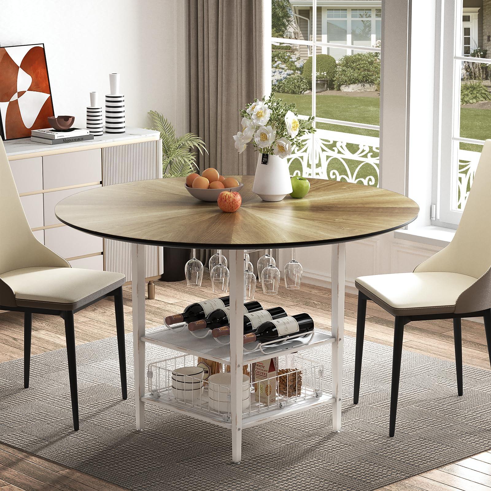 VFK 47 Inch Round Dining Table Set for 4-6 People, Large Farmhouse Kitchen Dining Table Set with Chairs and Storage Rack, Metal Base Round Table for Home Dining Room Living Room - Image 8