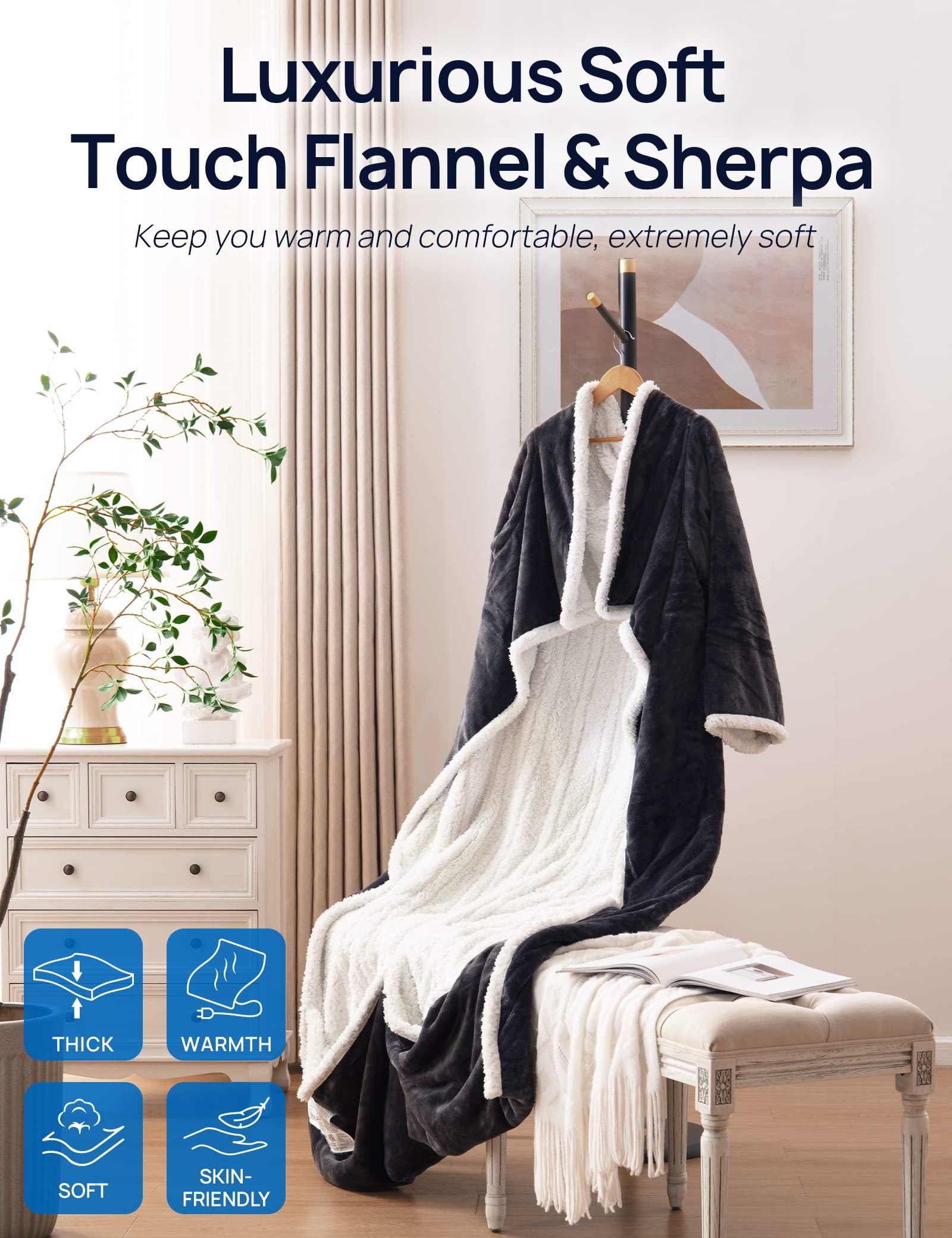 Westinghouse Electric Snuggle Throw Blankets with Foot Pocket, Wearable Heated Blanket with Sleeves, 6 Heating Levels & 2 to 10 Hours Heating Time Settings, 50 * 70"+18", Grey - Image 6