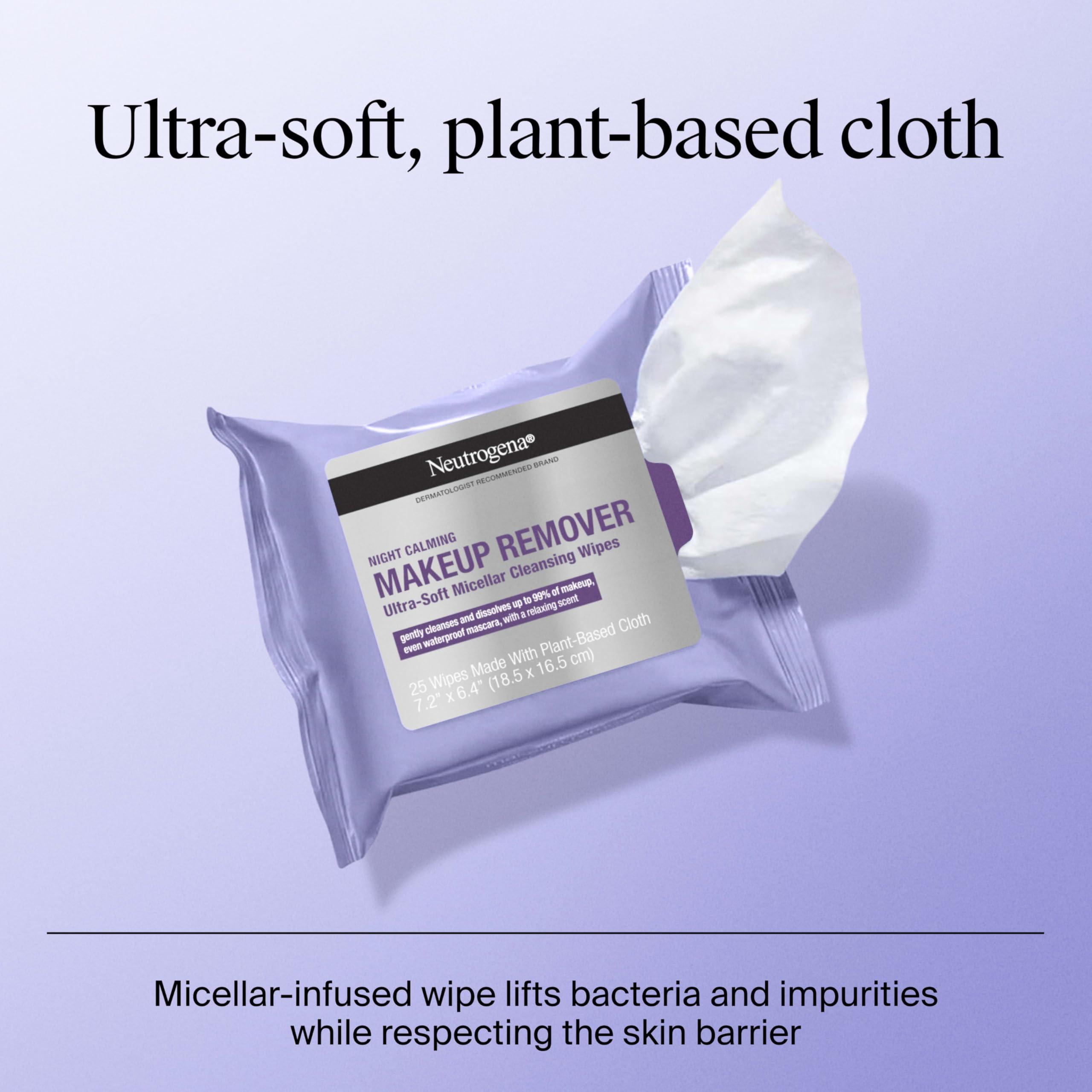 Neutrogena Night Calming Makeup Remover Face Wipes, Nighttime Cleansing Towelettes Remove Sweat, Dirt & Makeup & Calms Skin, Hypoallergenic, 100% Plant Based Cloth, Twin Pack, 2 x 25 ct - Image 7