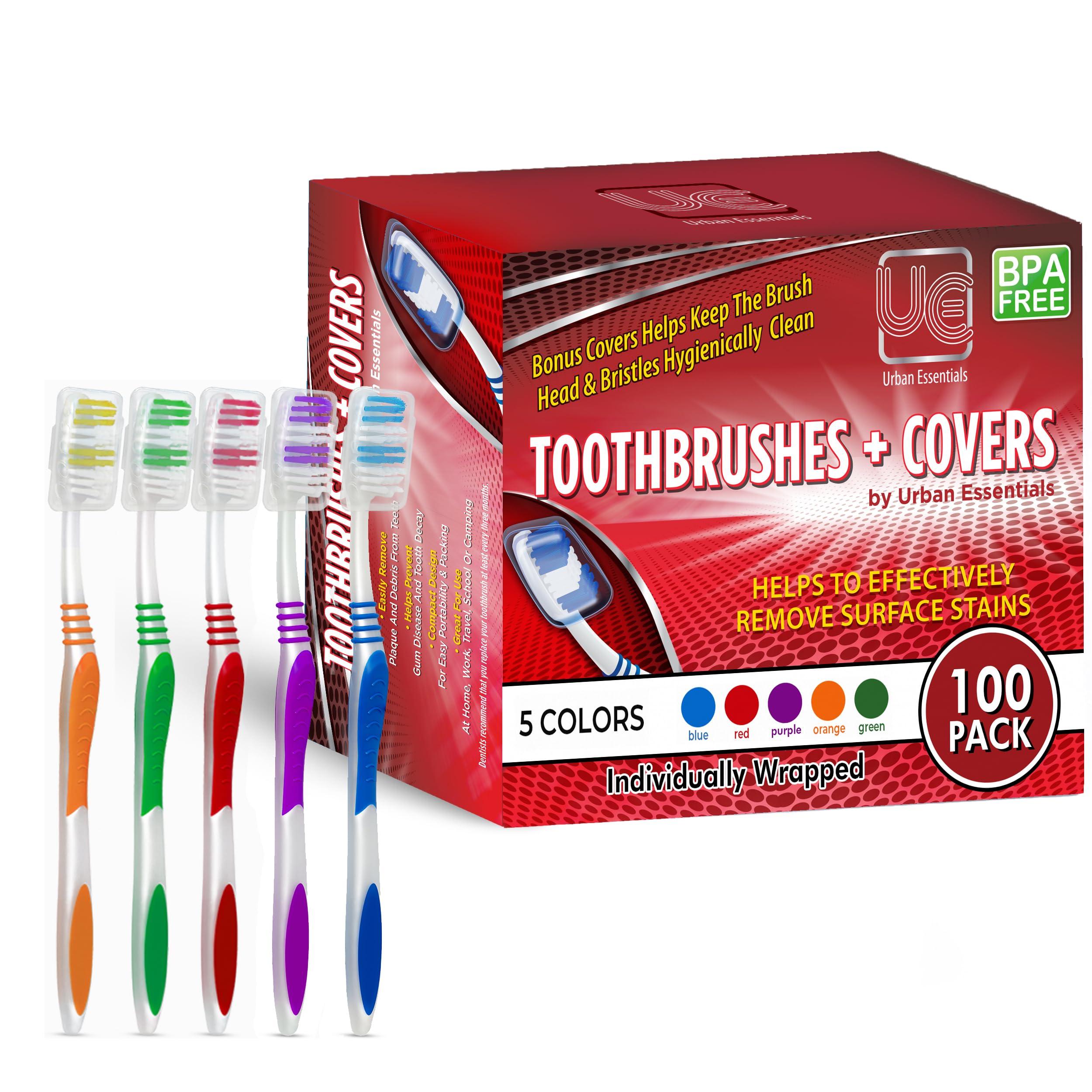 Urban Essentials Bulk Toothbrush Package with Covers | Premium Quality Individually Wrapped Colorful Tooth Brushes | Medium Soft Toothbrush Hygienic Cap for Donations, Travel, Hotels (100 Pack)