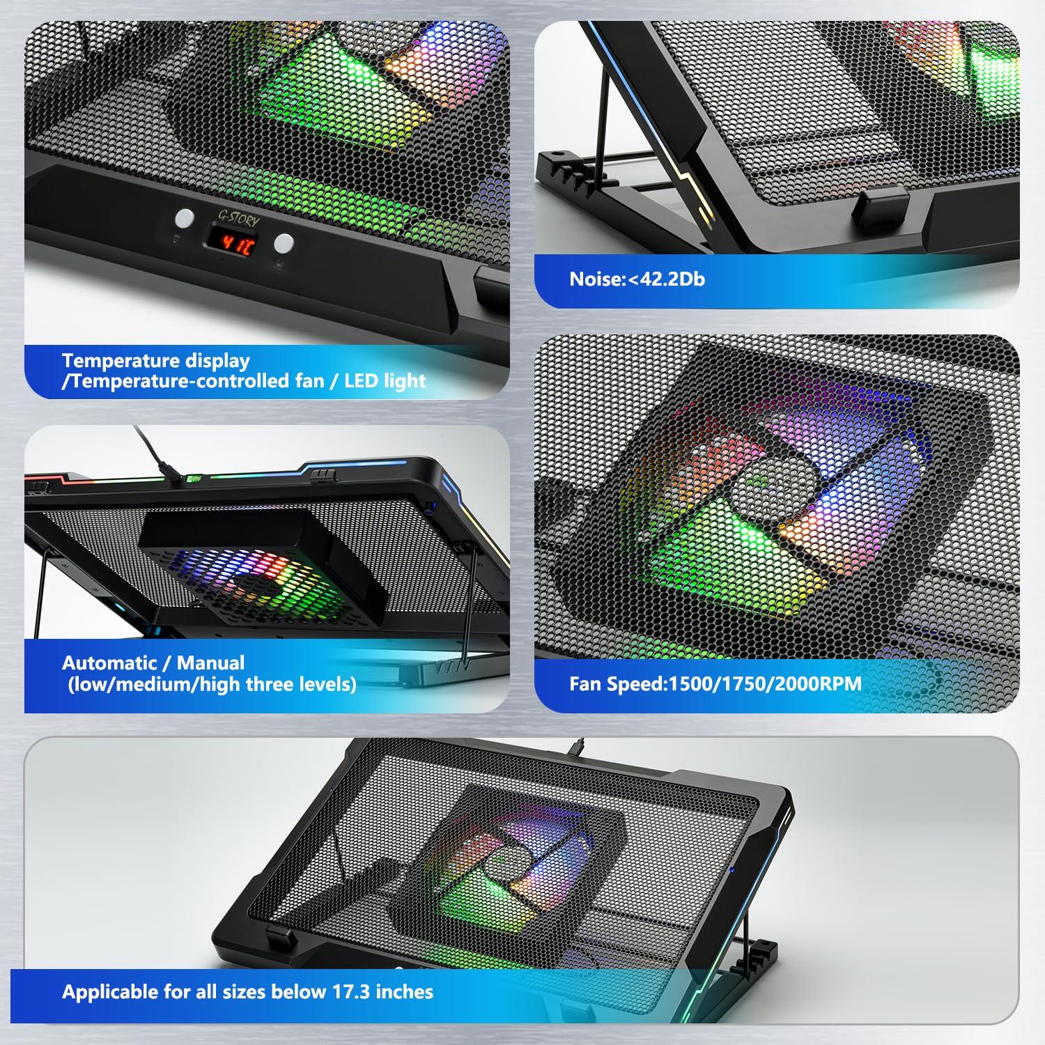 G-STORY Gaming Laptop Cooling Pad with Movable Fan and Automatic Speed Adjustable by Temperature,Music Sync RGB Light,Low Noise Laptop Cooler 3 Speed 1500/1750/2000RPM(140MM) Stand 12–18" Notebook - Image 5