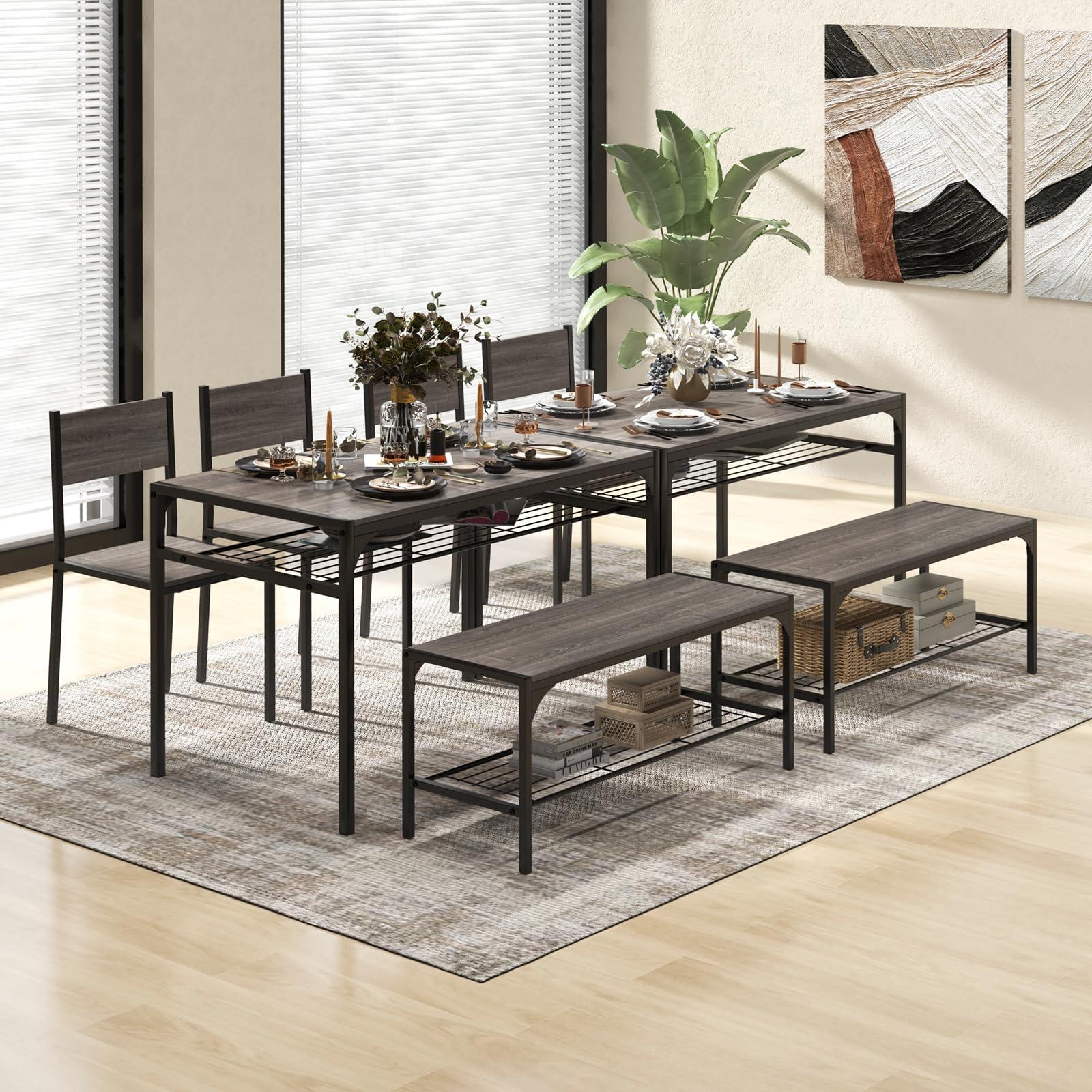 COSTWAY 4 Pieces Dining Table Set, Kitchen Table and 2 Chairs for 4 with Bench, Storage Racks, Metal Frame & Space-saving Design, Industrial Kitchen Table Set for Small Space, Apartment (Black & Grey) - Image 7