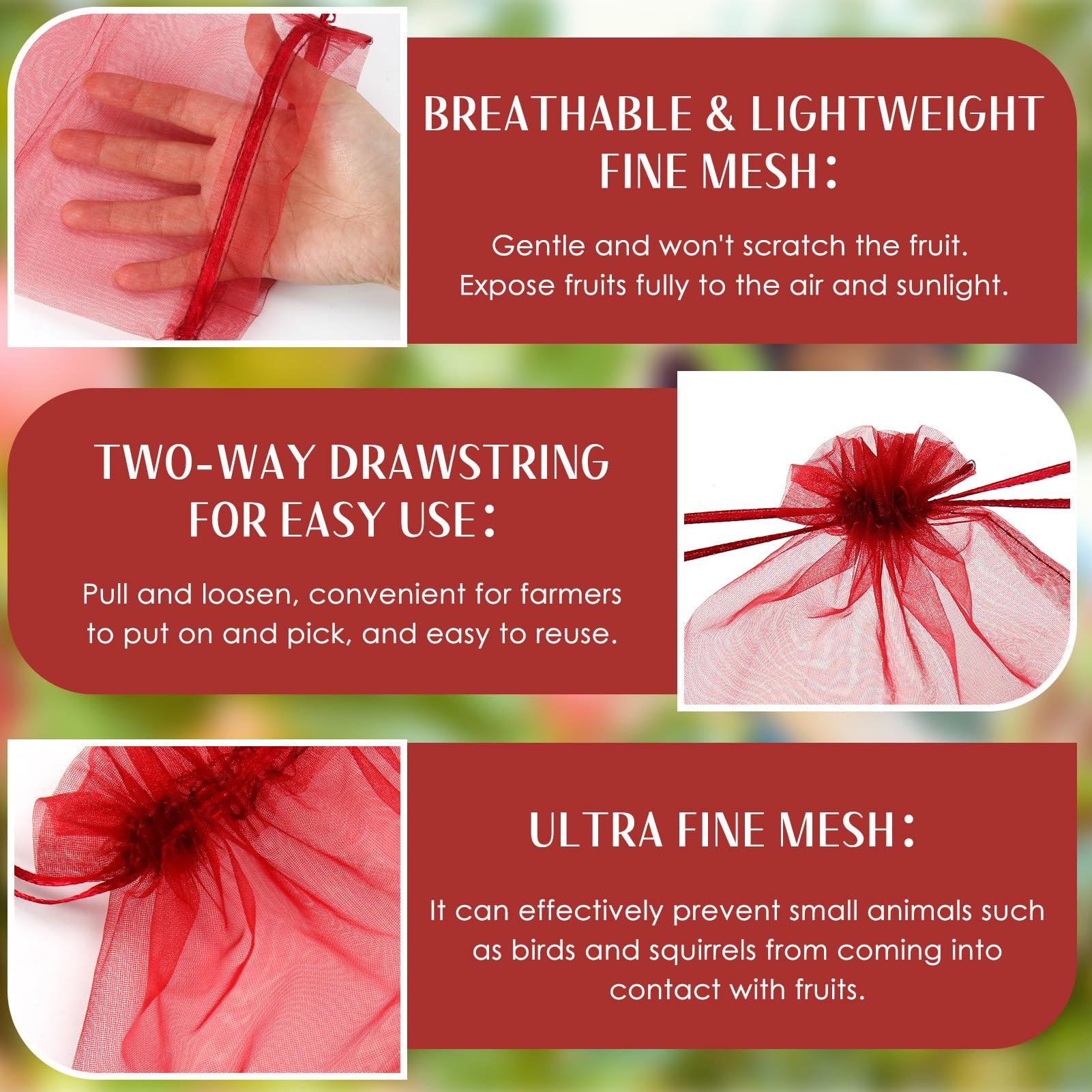 Fruit Protection Bags, 100PCS 6.7x9in Wine Red Fruit Bags for Fruit Trees, Fruit Netting Cover Bags Barrier, Fine Mesh Drawstring Bag Protectors for Fruits & Vegetables Garden Apple - Image 6