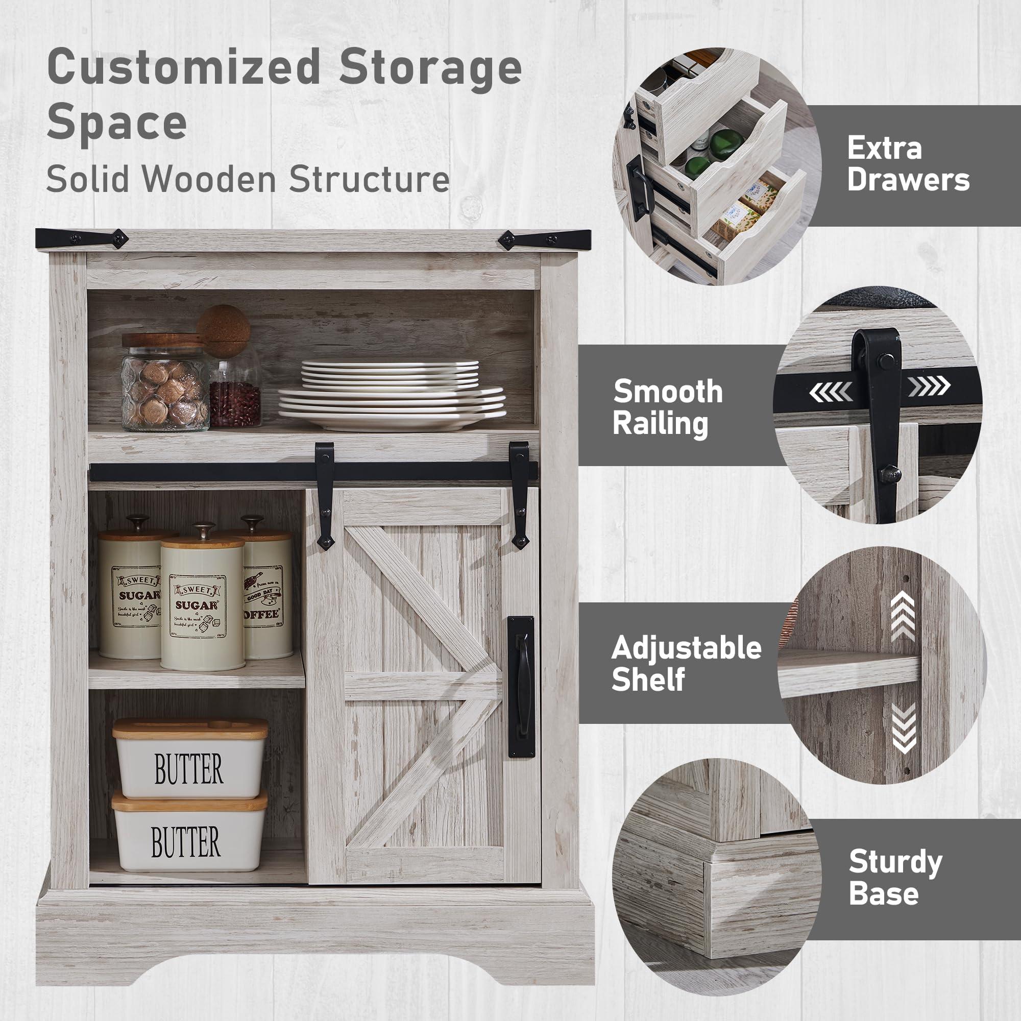 OKD Bathroom Floor Cabinet, Farmhouse Small Storage Cabinet with Sliding Barn Door & Drawers for Bathroom, Kitchen, Living Room, Antique Brush White - Image 5