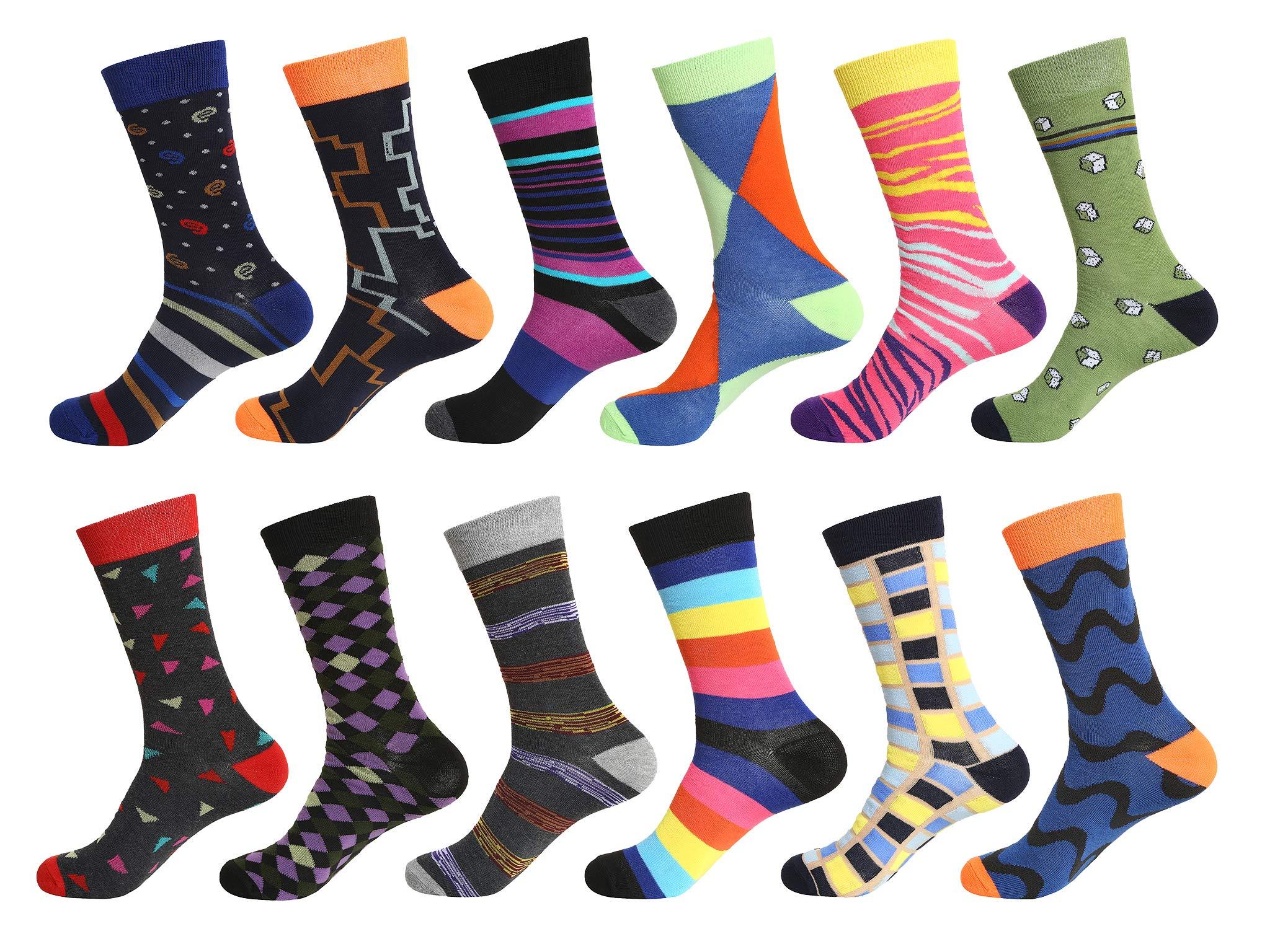 Gelante 12 Pairs Mens Cotton Funny Crazy Colorful Crew Dress Sock