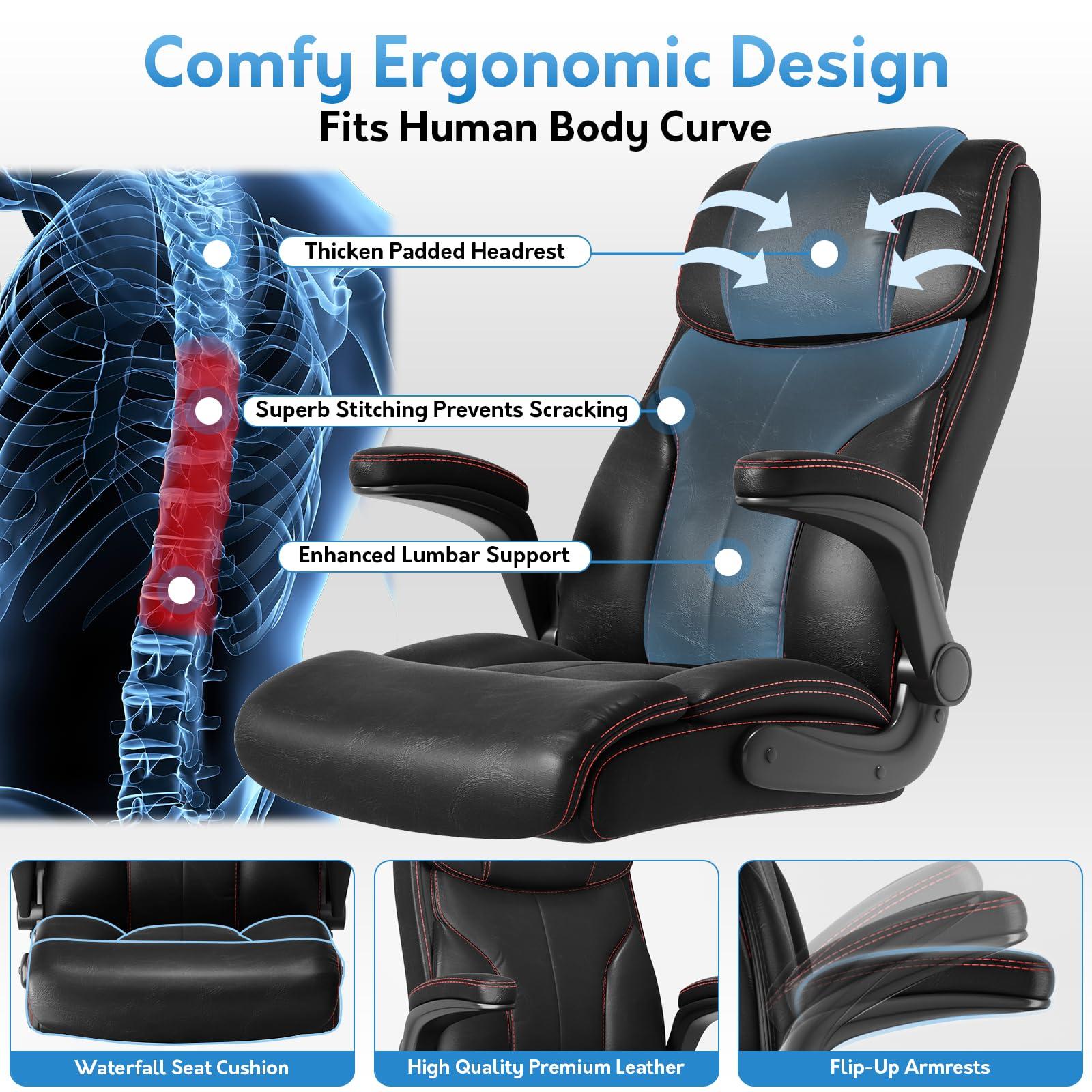 lavimiya Office Chair Big and Tall 400lbs, High Back Executive Office Chair Flip Up Arms, Breathable Leather Home Office Computer Desk Chair with Lumbar Support Rocking Function, Black - Image 3