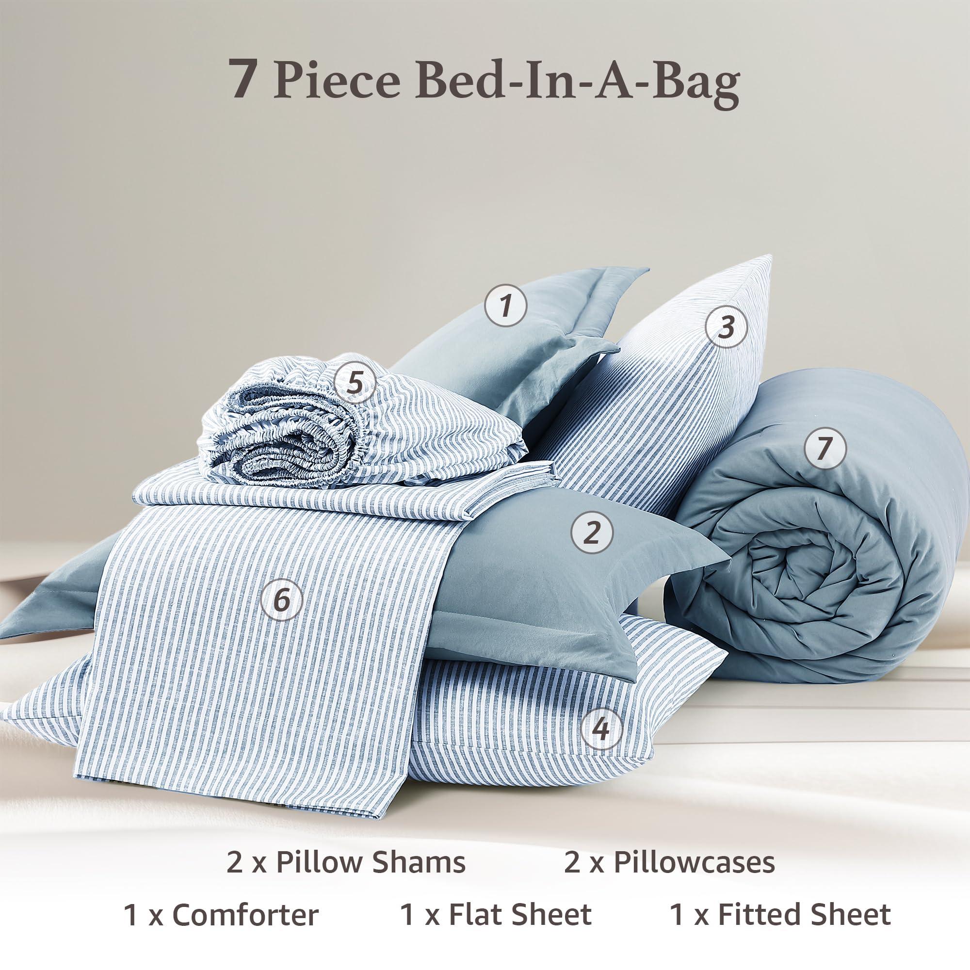 Monbix Queen Comforter Set - 7 Pieces Dusty Blue Prewashed Bed in a Bag Queen Bedding Sets with Comforters, All Seasons Down Alternative Comforter Bed Set with Sheets,Pillowcases & Shams - Image 7