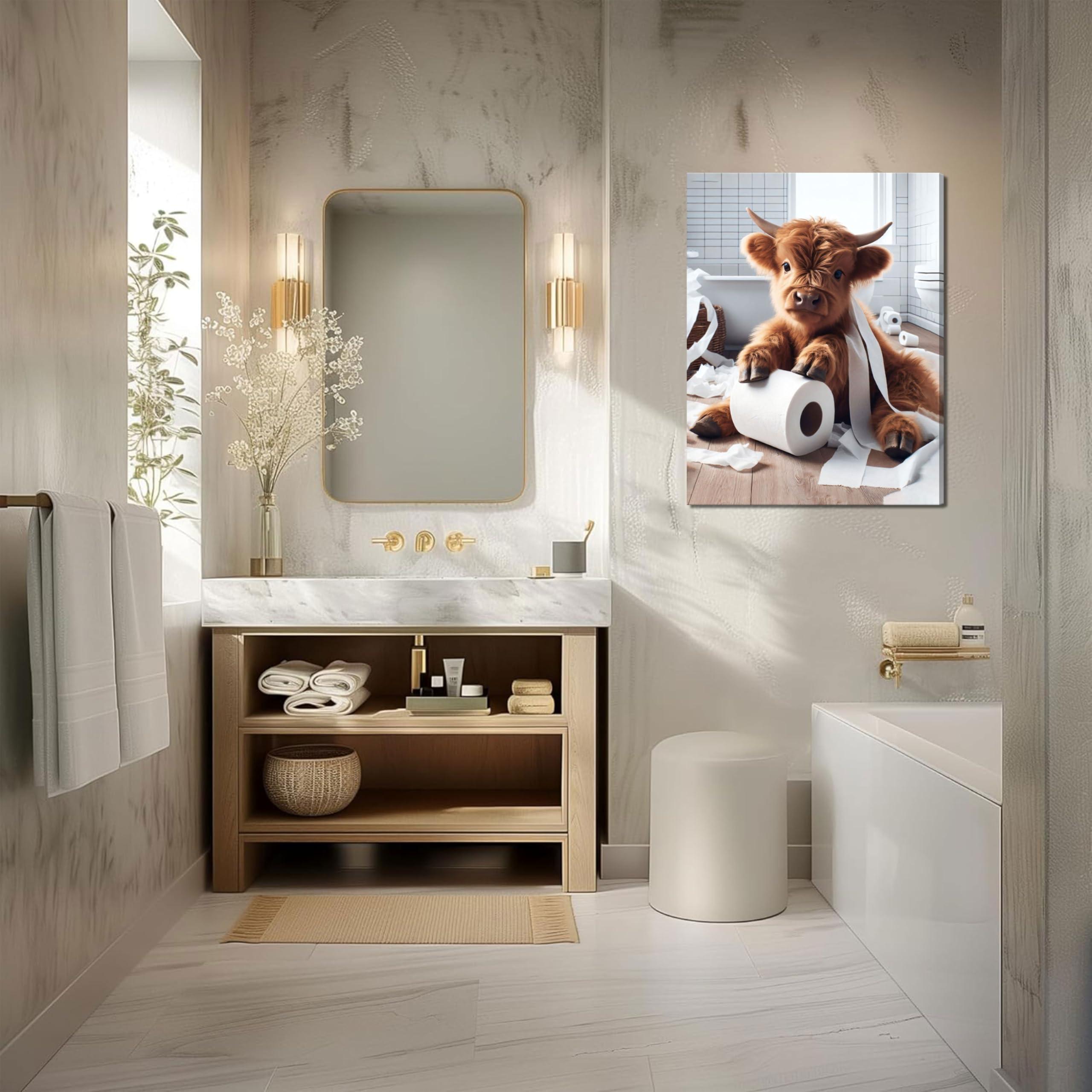 Funny Bathroom Highland Cow Wall Art, Brown Cute Cow Animal Canvas Posters Prints Set of 3, Vintage Rustic Farmhouse Home Pictures Wall Decor Painting for Bathroom Restroom Framed 12x16 Inch - Image 8