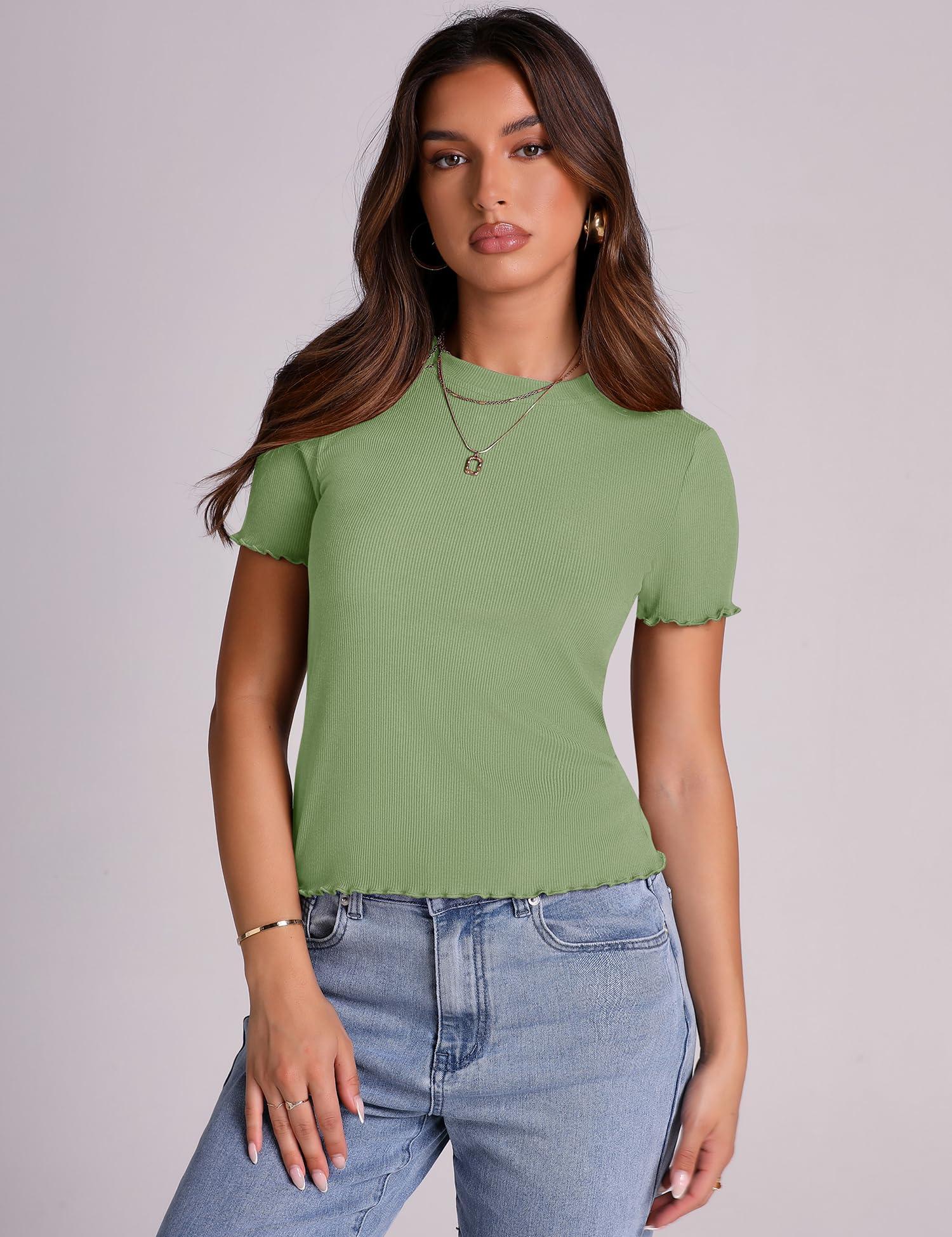LOMON Women's Crew Neck Short Sleeves T Shirts Ribbed Fitted Summer Basic Tees Lettuce Trim Going Out Tops - Image 5