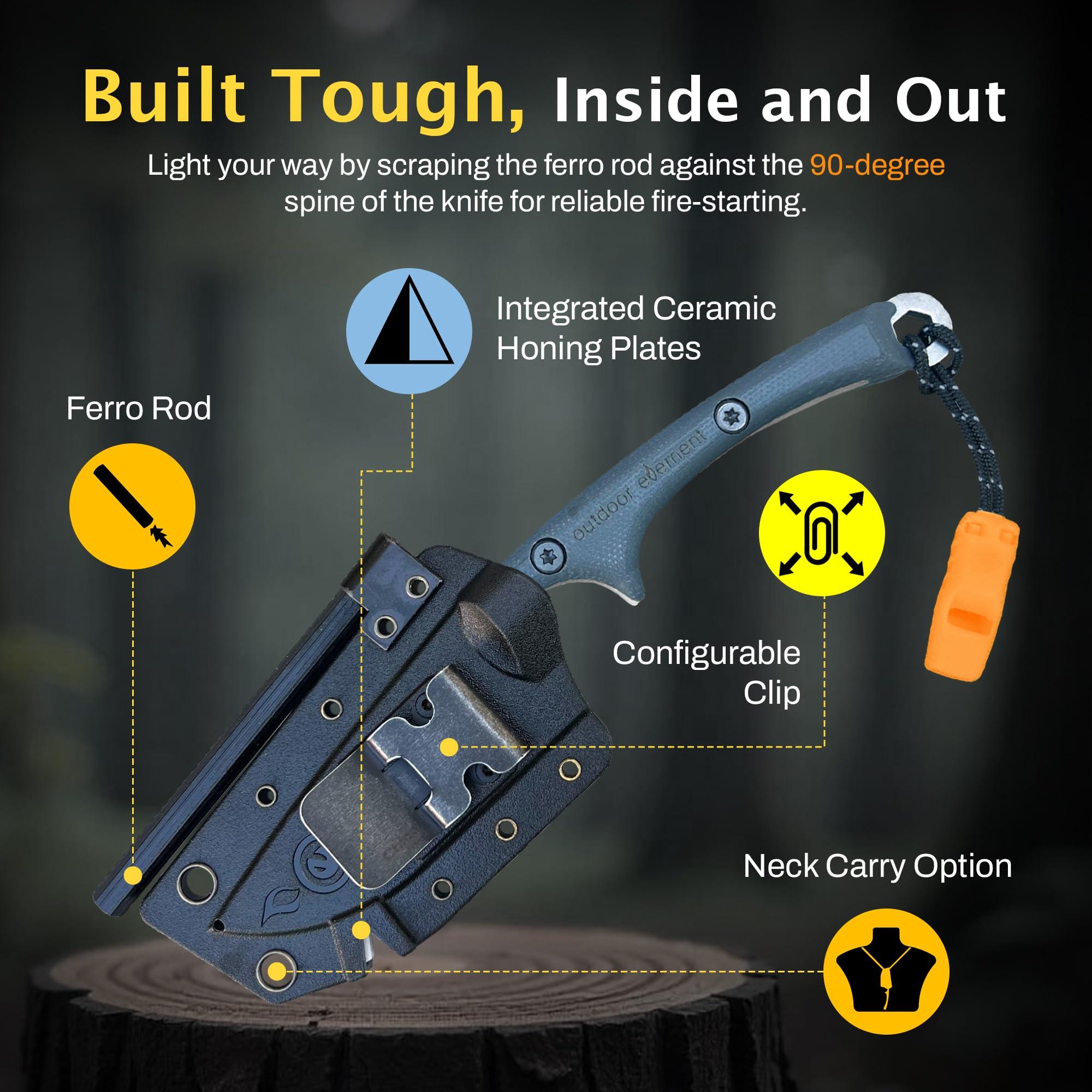OUTDOOR ELEMENT Scout Feather - Adventure Survival Knife - Full Tang, Ceramic Honing V Notch built into included Sheath, Hex Driver in Handle, 115dB Emergency Whistle, Replacable Ferro Rod - Image 6
