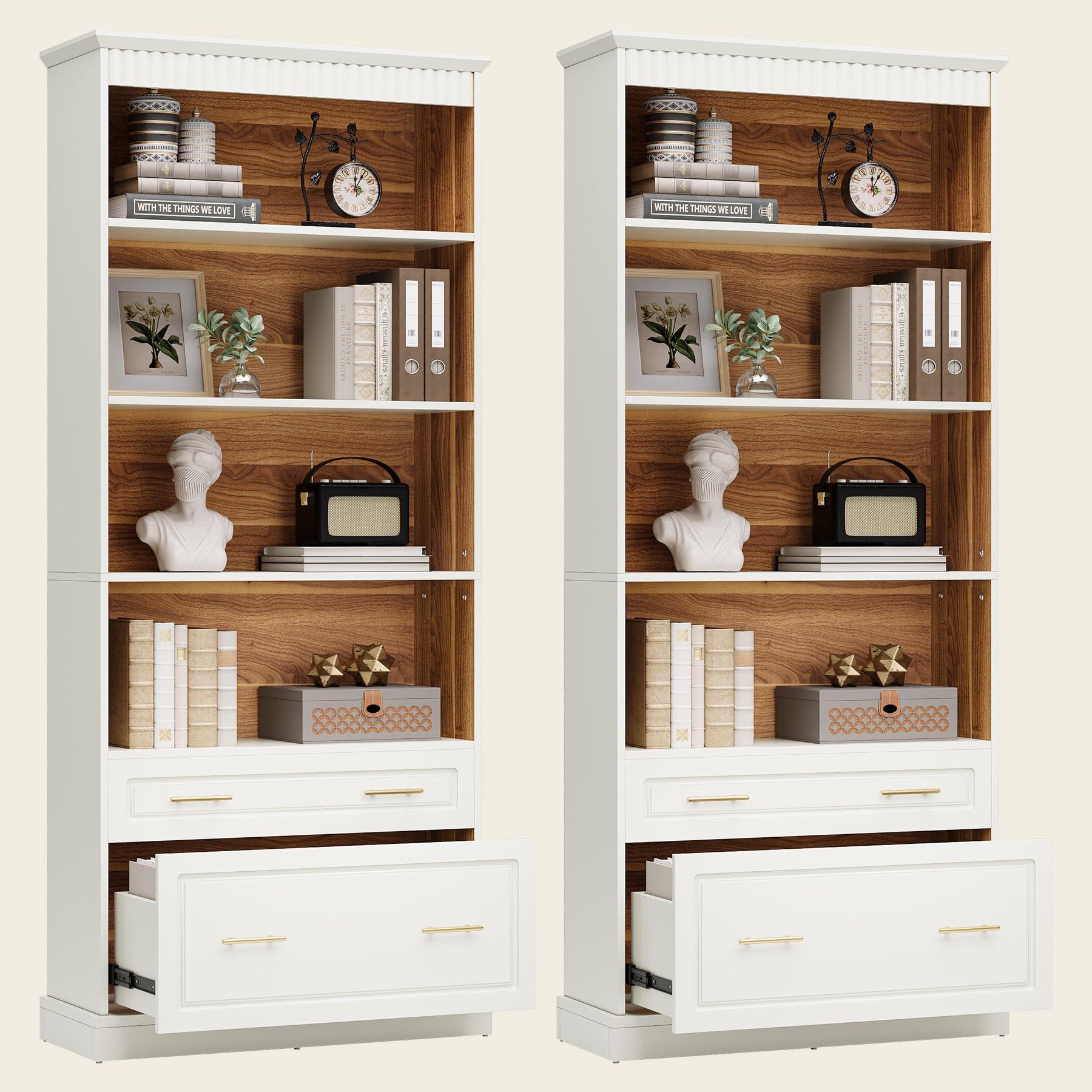 Tribesigns 5-Shelf Bookcase with File Cabinet Drawer, 72" Tall Bookshelf, Modern Free-Standing Wood Bookcase, Large Open Display Storage Book Shelf for Living Room (2, White)