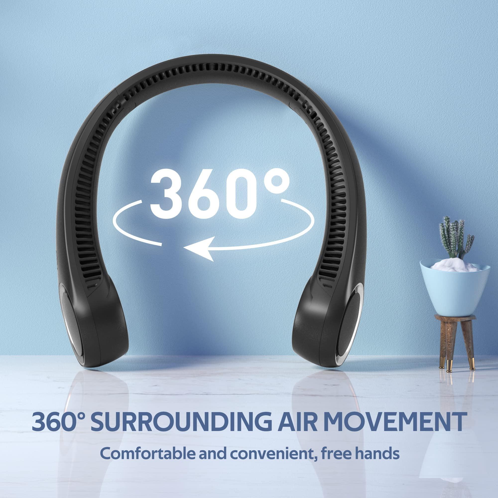 Portable Neck Fan, Hands Free Bladeless, 360° Cooling Personal Fan,Wearable Quiet Fan for Outdoor Indoor, Birthday Gifts for Men Women Mom Dad, 4000mAh Battery USB Rechargeable, 3-Speeds(Black) - Image 2
