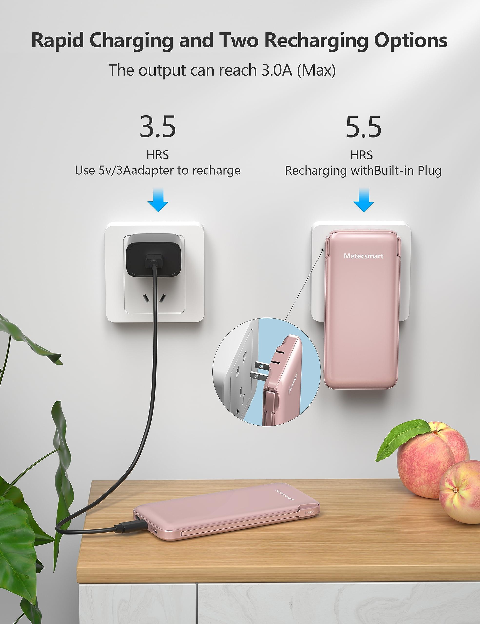 Metecsmart Portable Charger Power Bank with Built-in Cable & AC Plug, 10000mAh Fast USB-C Charger, Slim Mini Battery for iPhone 16/15/14/13/Pro/Max & All USB-C Devices - Image 4