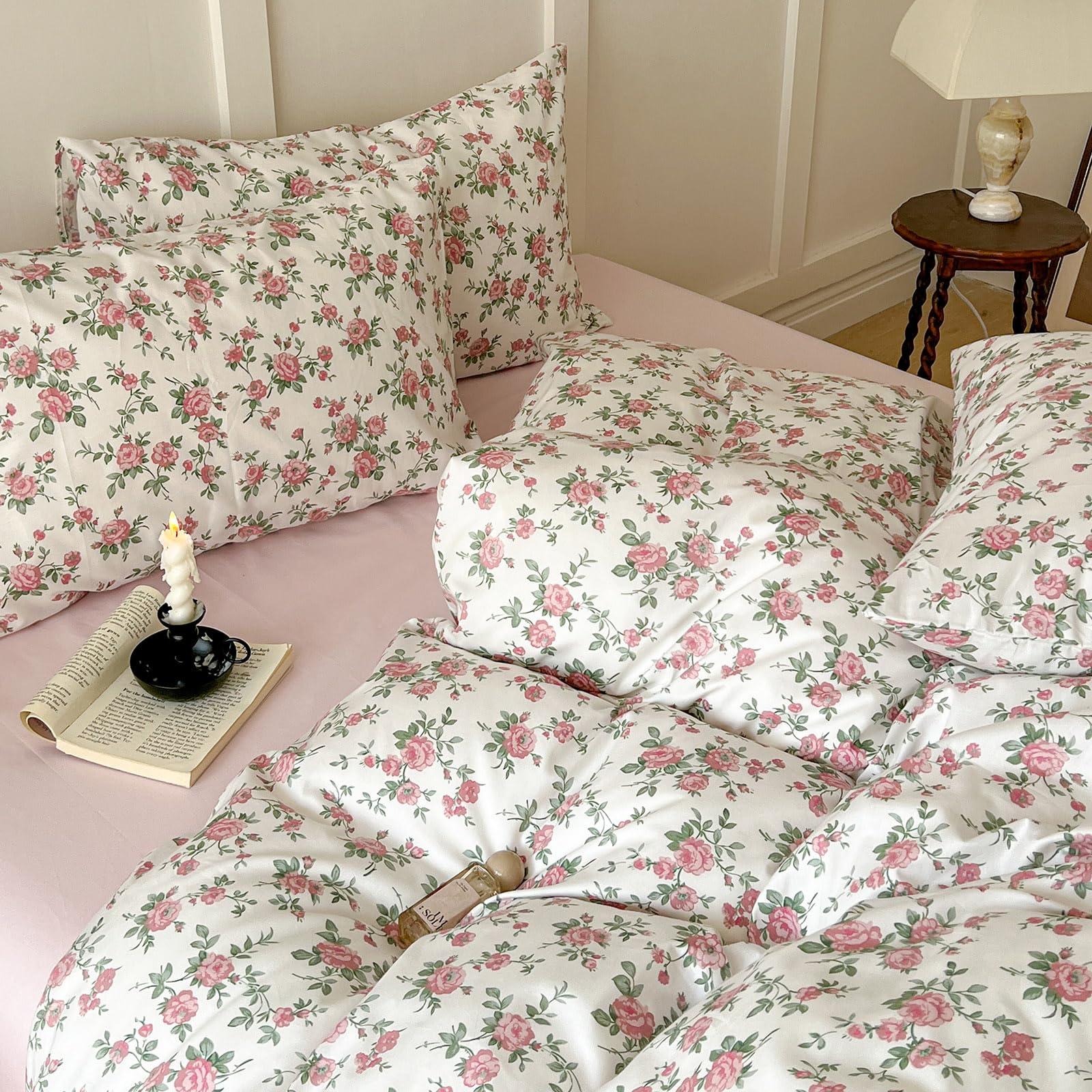Pink Floral Duvet Cover Queen Soft Cotton Girls Cottagecore Bedding Set Botanical Peach Flower Comforter Cover with Zipper Closure Vintage Country Bedding Aesthetic Duvet Cover with 2 Pillowcases - Image 9