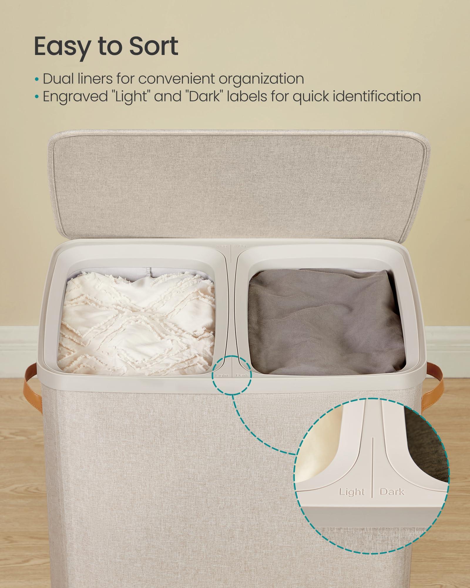 SONGMICS Laundry Basket, 44.9 Gal. Laundry Hamper, 2 Compartments, Easy Assembly, with Lid and Handles, Removable Inner Bags, 22 x 15.7 x 29.5 Inches, Cappuccino Beige ULCB813L01 - Image 4