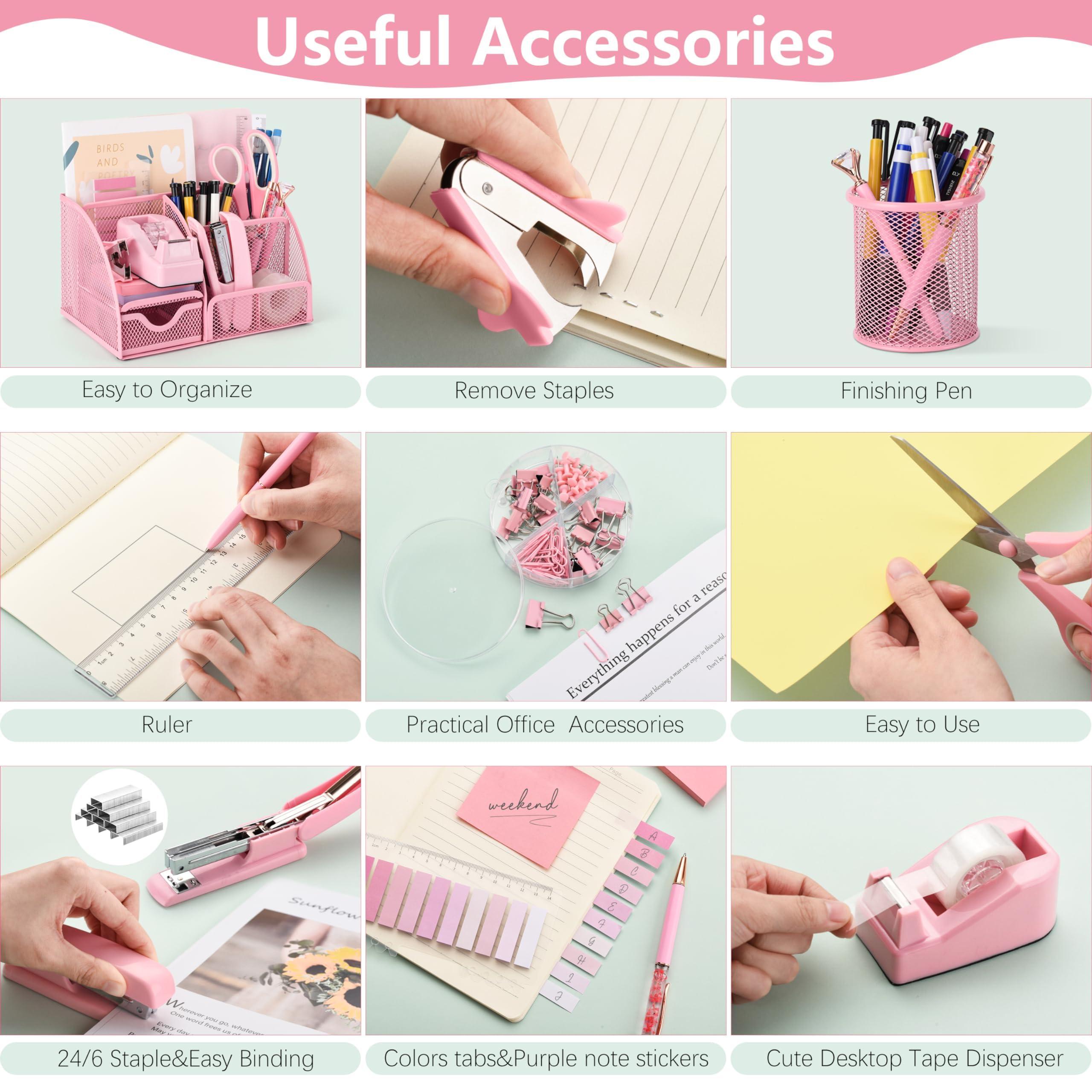 11 Pcs Pink Office Supplies Set Mesh Desk Organizer Accessories Kit Include Stapler Tape Dispenser Staple Remover Clips Ruler Scissors Sticky Notes for Office School Home Women (Pink) - Image 4