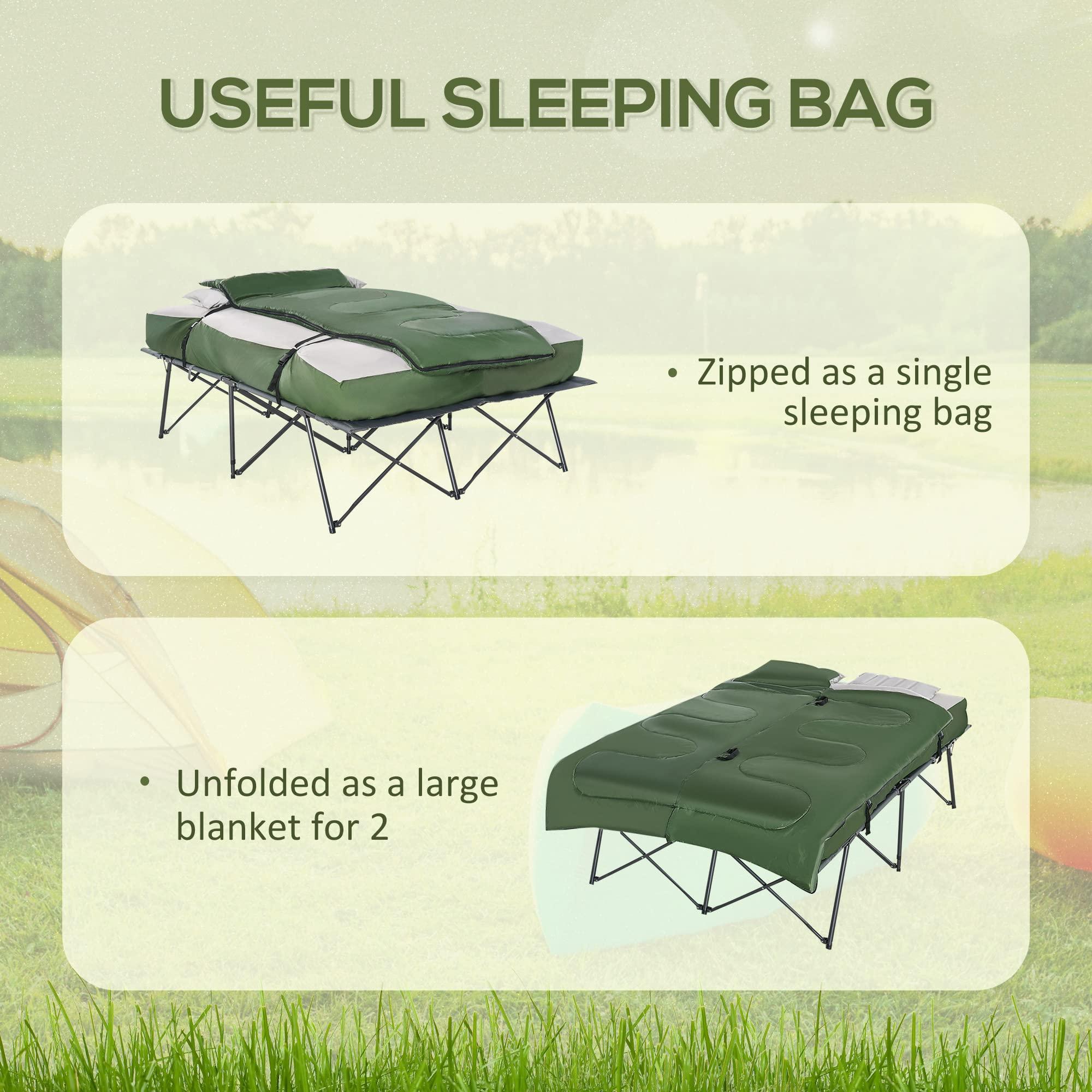 Outsunny 2-Person Folding Camping Cot Portable Outdoor Bed Set with Sleeping Bag, Inflatable Air Mattress, Comfort Pillows and Carry Bag, Soft and Comfortable for Outdoor Travel Camp Beach Vacation - Image 6